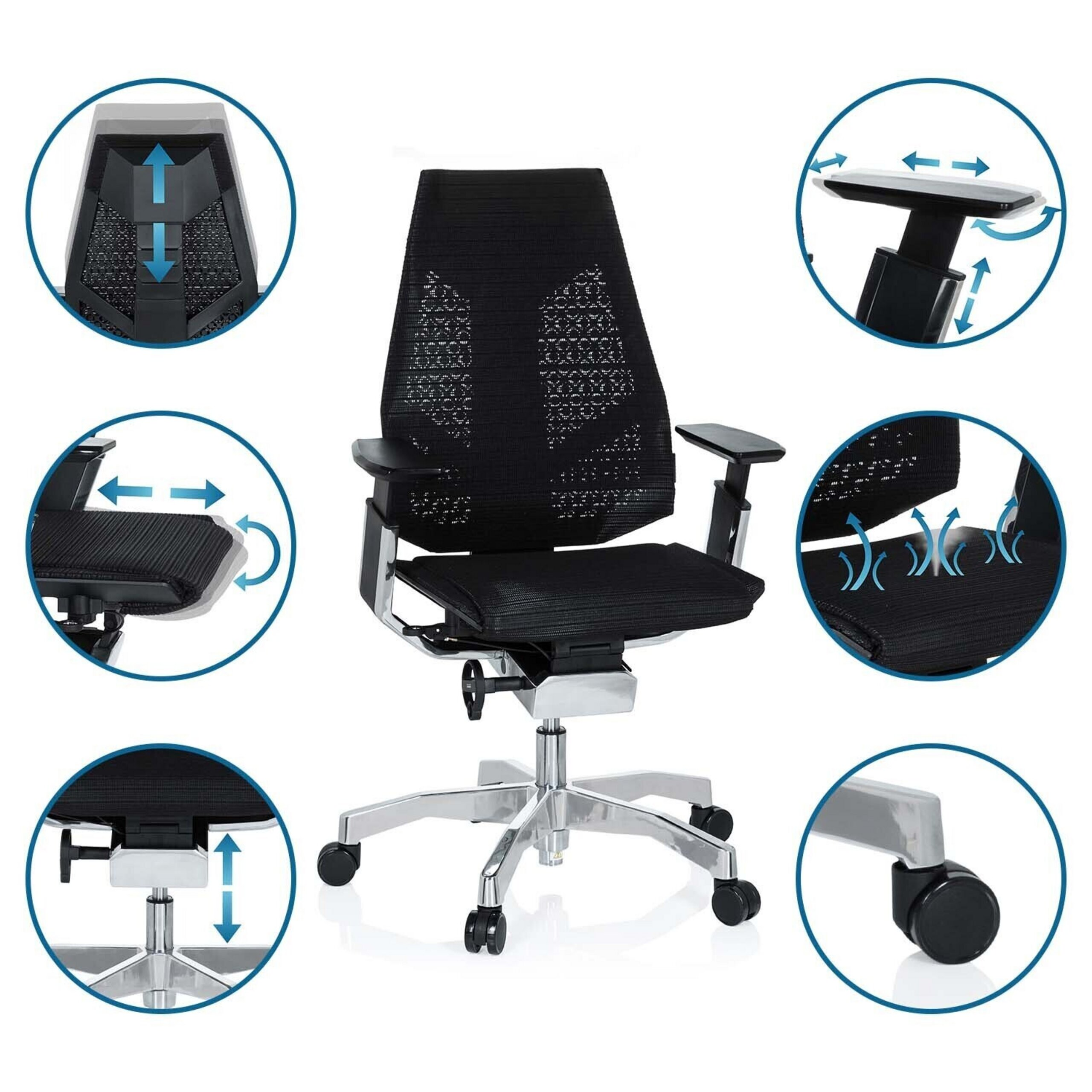 Ein schwarzer ergonomischer Buerostuhl mit verstellbaren Elementen wie Armlehnen und Hoehe auf Rollen.