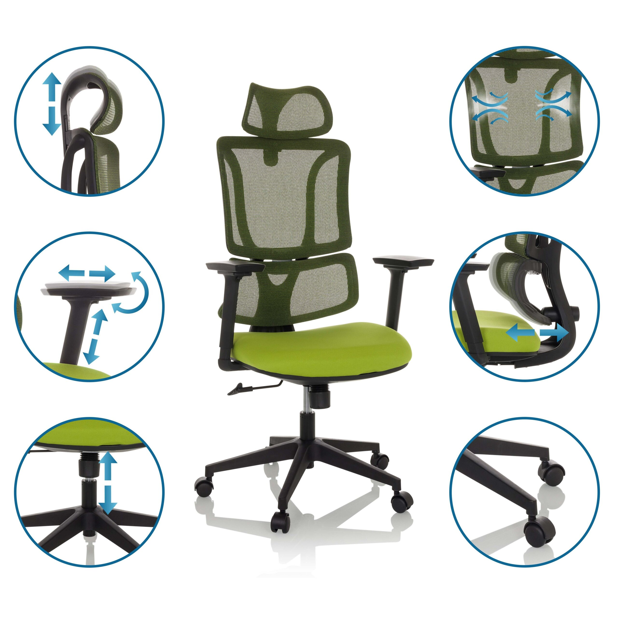 Ergonomischer grüner Buerostuhl mit verstellbaren Funktionen wie Kopfstuetze und Armlehnen in kreisrundem Detail.
