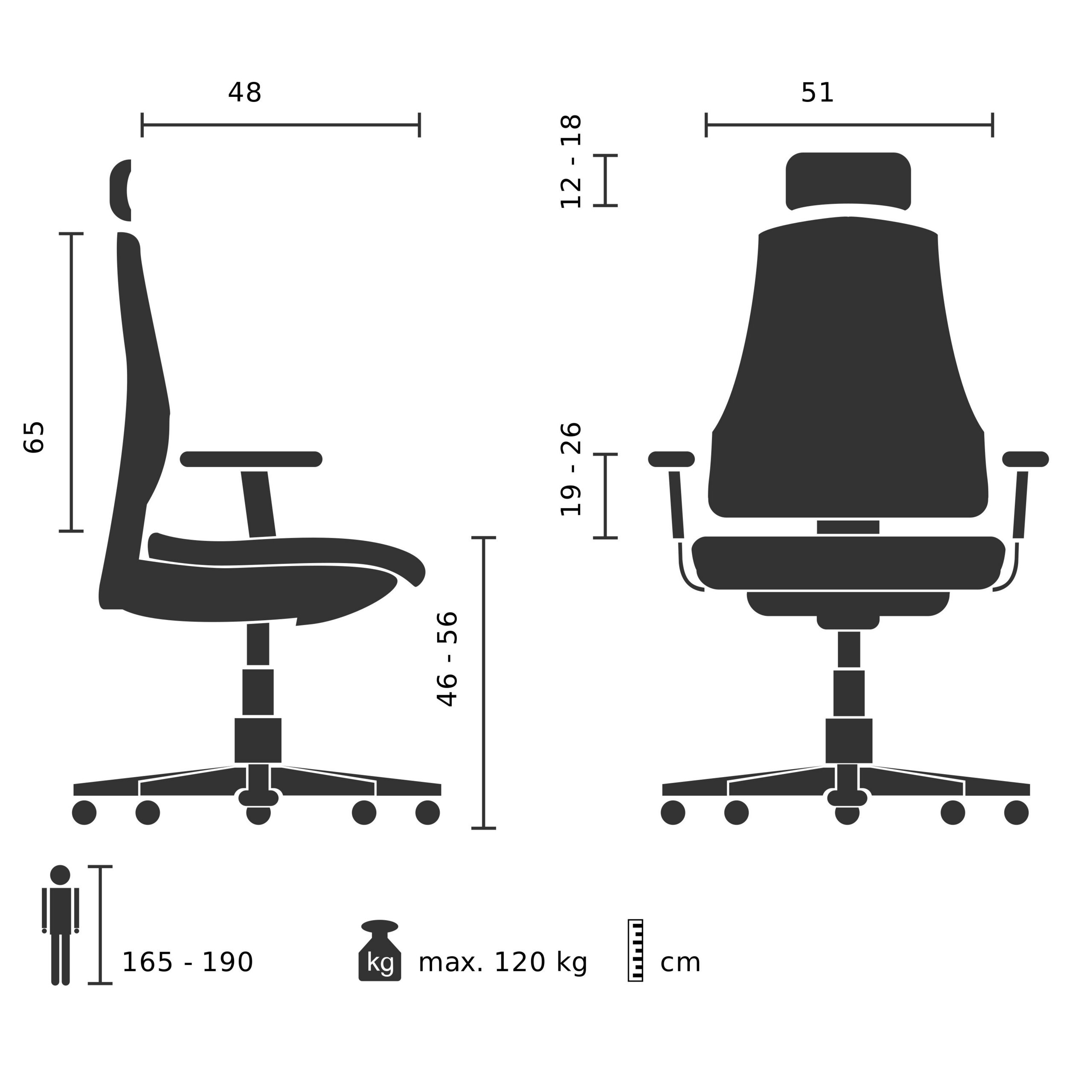 Technische Zeichnung eines Burostuhls mit Abmessungen, Gewichtsangabe und empfohlener Korpergrosse.