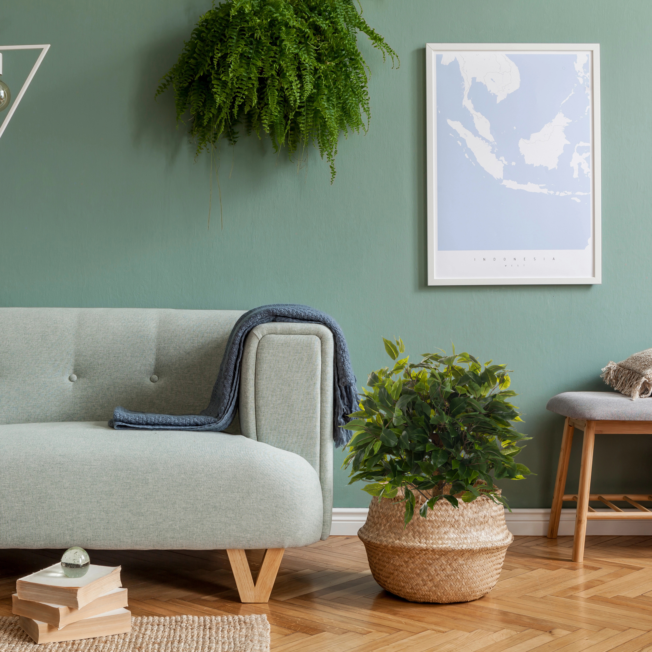 Grünes Wohnzimmer mit Sofa, Hängepflanze, blauer Weltkarte und Pflanze in Korbtopf.