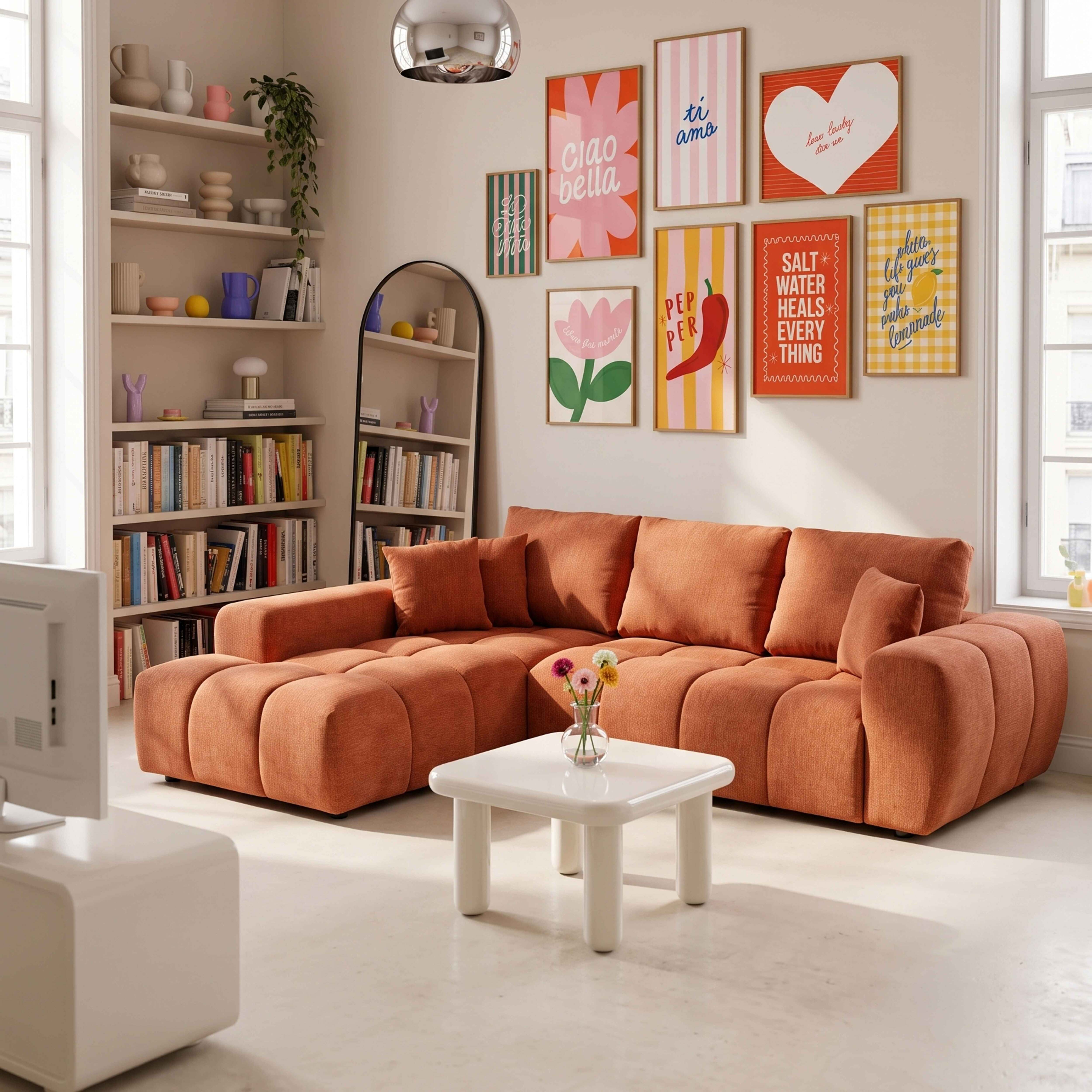 Ein helles Wohnzimmer mit einem großen orangen Ecksofa, einem weißen Couchtisch mit Blumen und bunter Wandkunst.