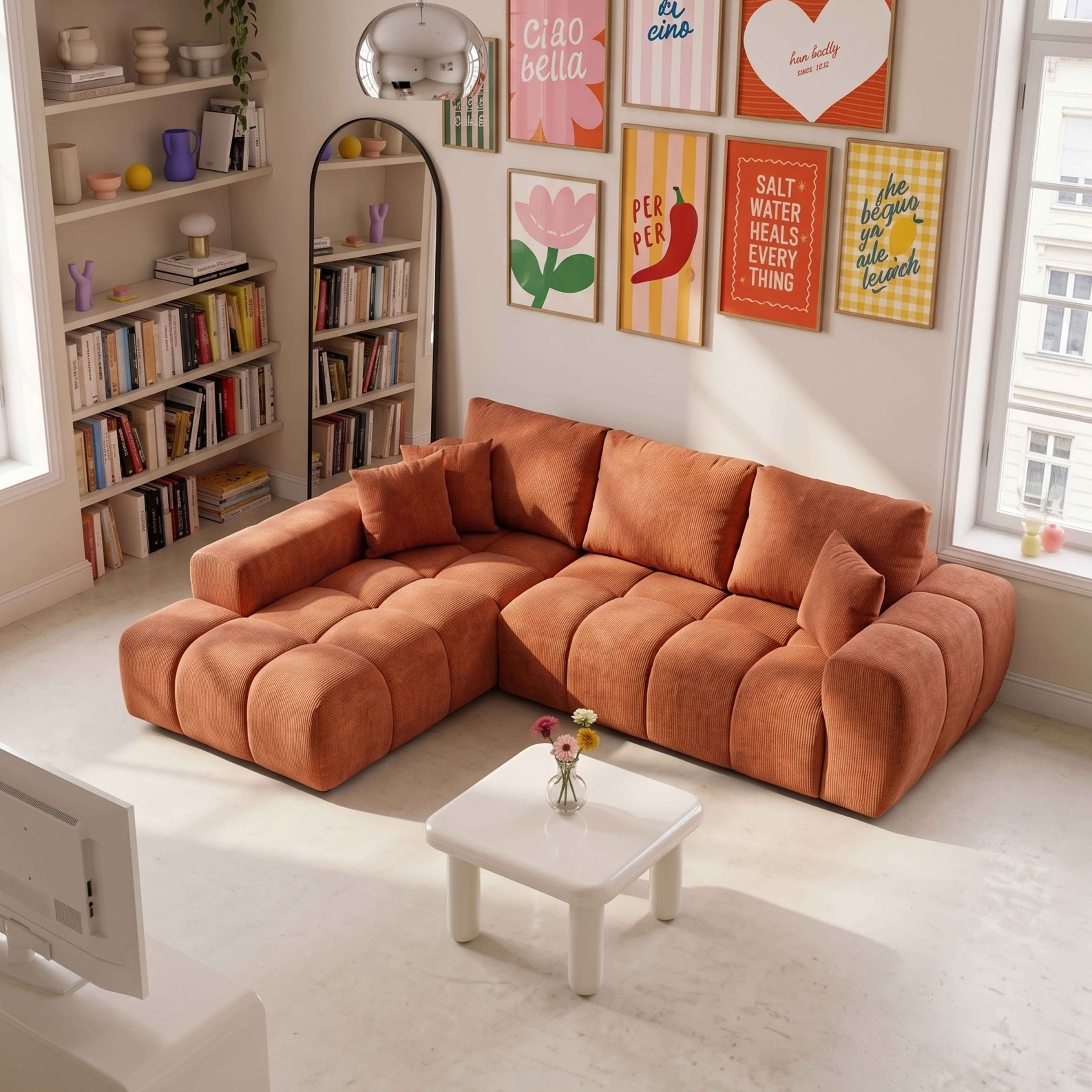 Ein gemütliches Wohnzimmer mit orangefarbenem Cordsofa, weißem Tisch, Büchernregalen und bunten Postern an der Wand.