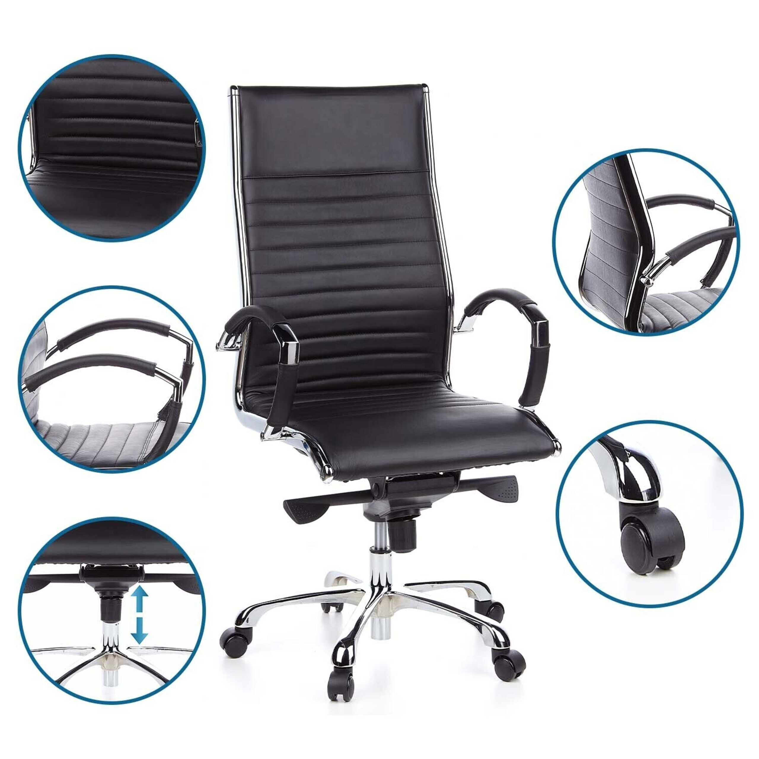 Ein schwarzer Lederbürostuhl mit Chromakzenten und fünf Kreisen, die Produktdetails wie Armlehnen und Rollen zeigen.