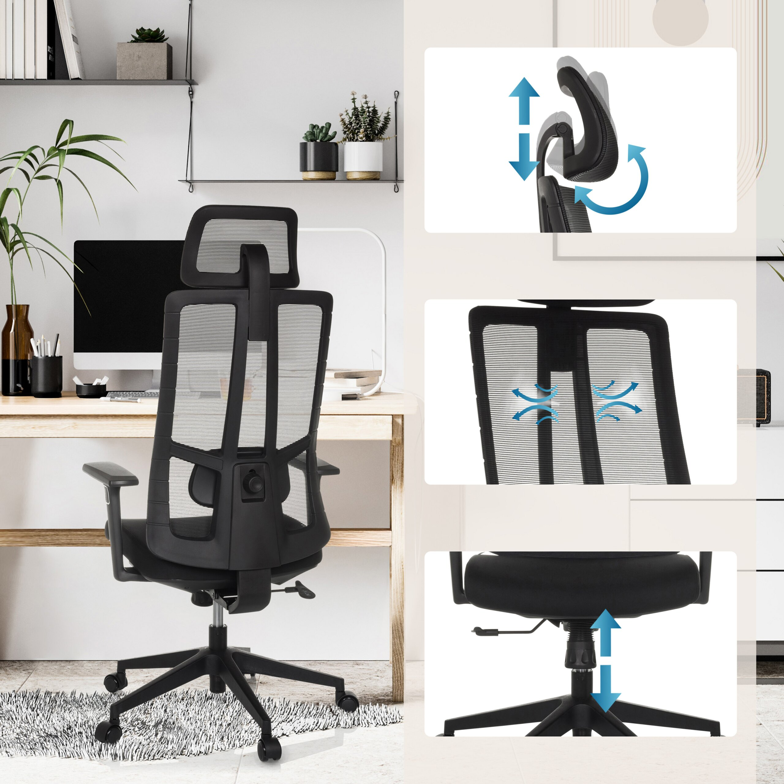 Ein schwarzer ergonomischer Bürostuhl mit verstellbarer Kopfstütze, Lendenwirbelstütze und Sitzhöhe in einem modernen Zimmer.