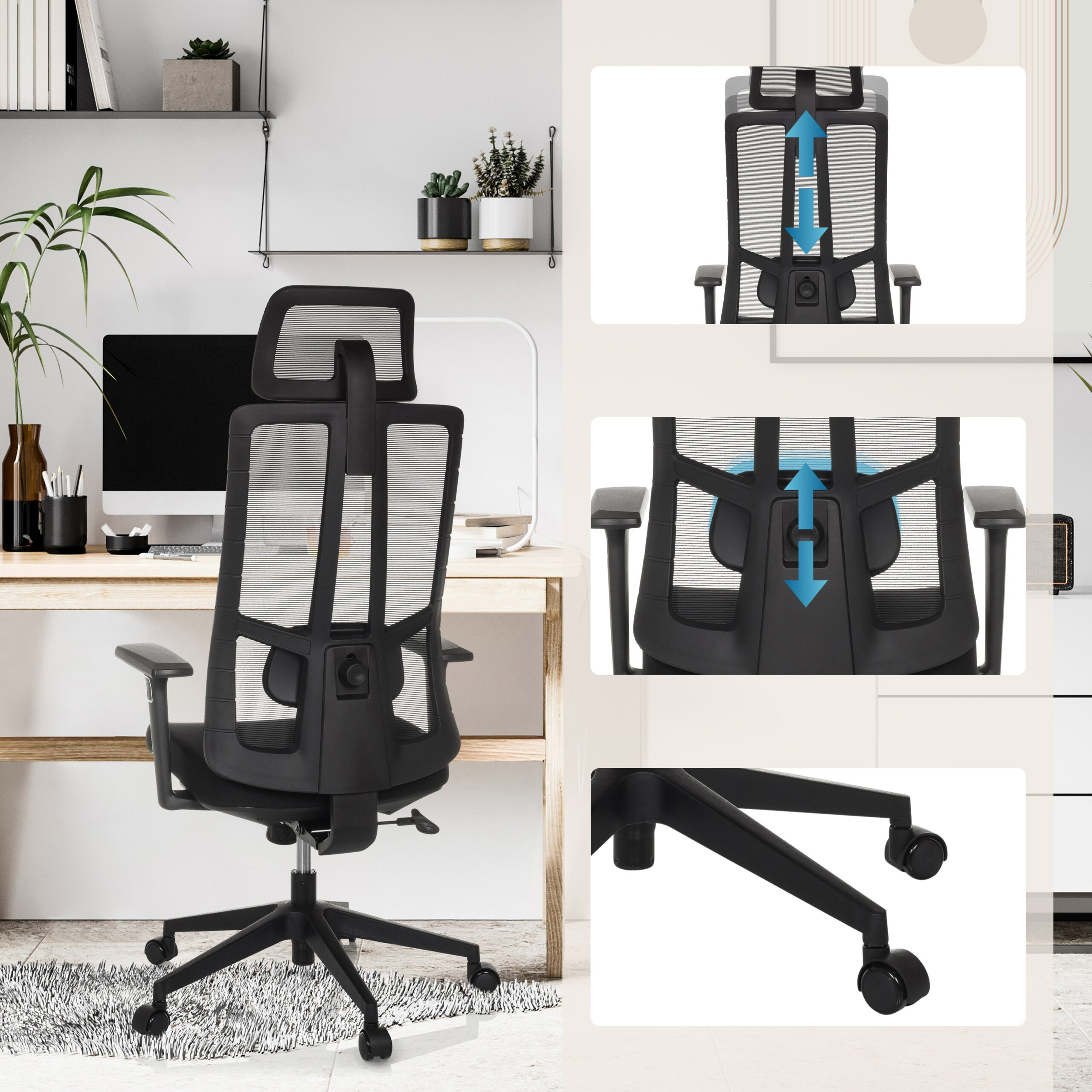 Schwarzer ergonomischer Buerostuhl mit verstellbarer hoehe und lendenwirbelstuetze vor schreibtisch.