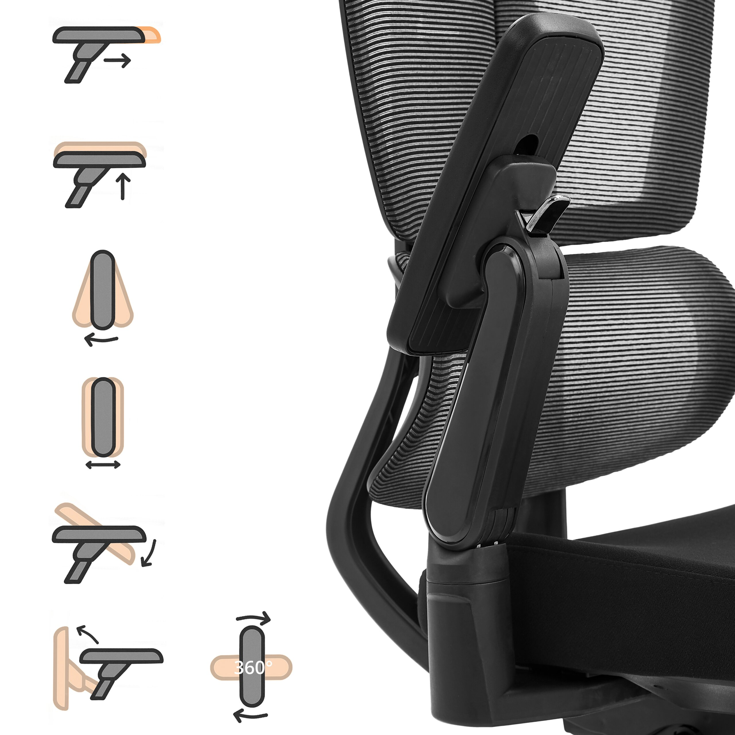 Bürostuhl mit verstellbarer Armlehne und Icons, die die verschiedenen Einstellmöglichkeiten zeigen.