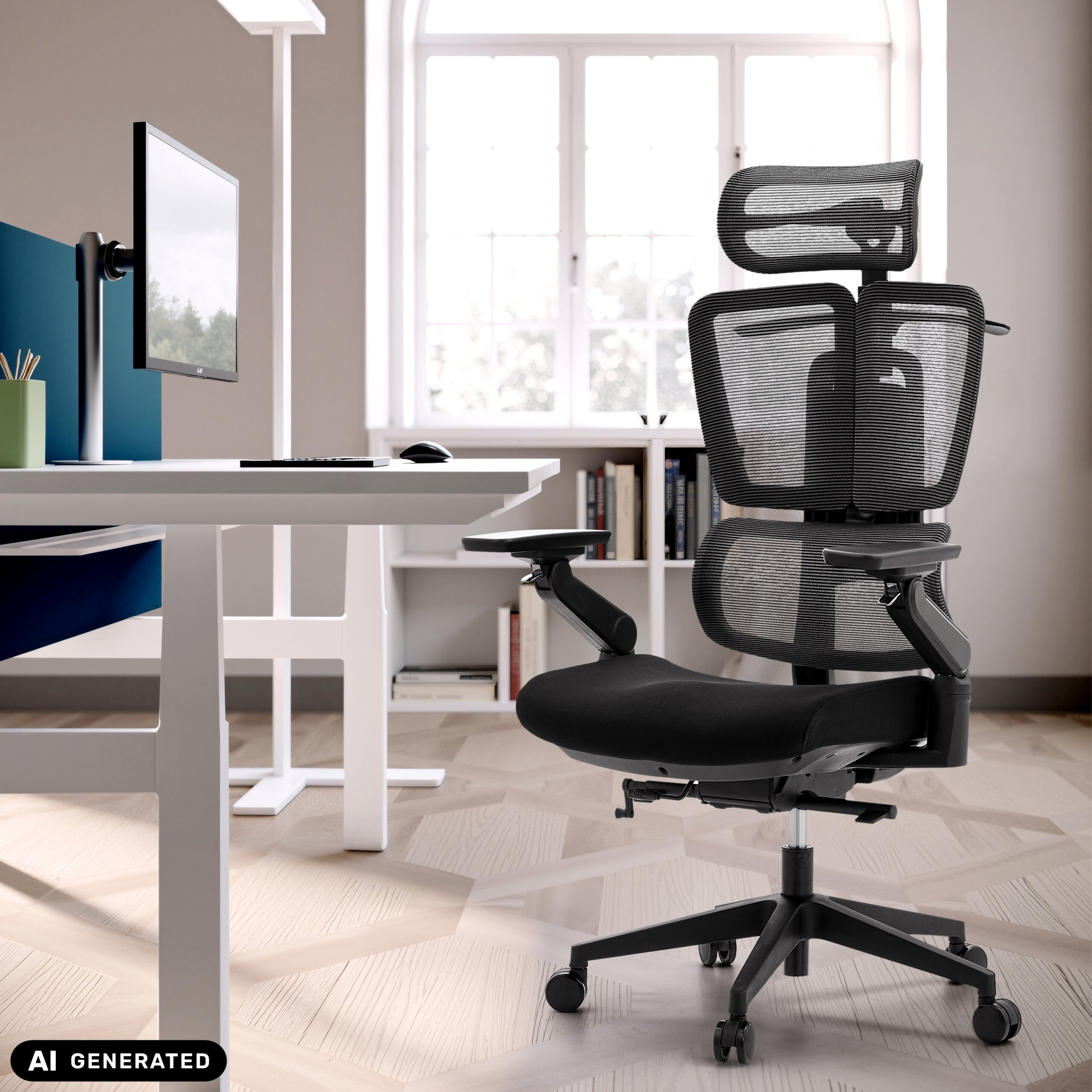 Ein schwarzer ergonomischer Buerostuhl mit Netzruecken steht in einem hellen Buero vor einem weissen Schreibtisch.