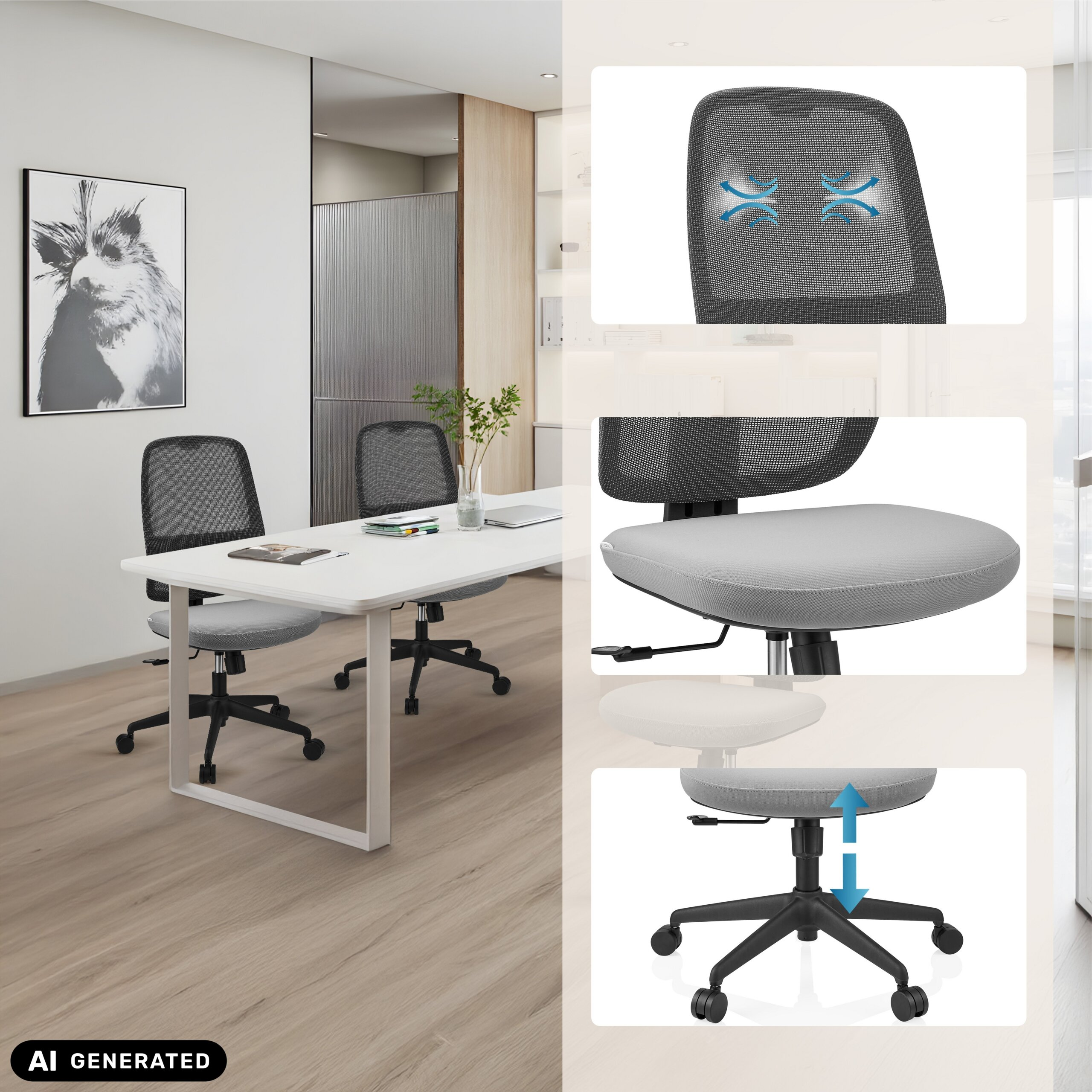 Büro mit zwei Schreibtischen, grauen Netzstühlen und Nahaufnahmen von Rückenlehne, Sitzkissen und Höhenverstellung.