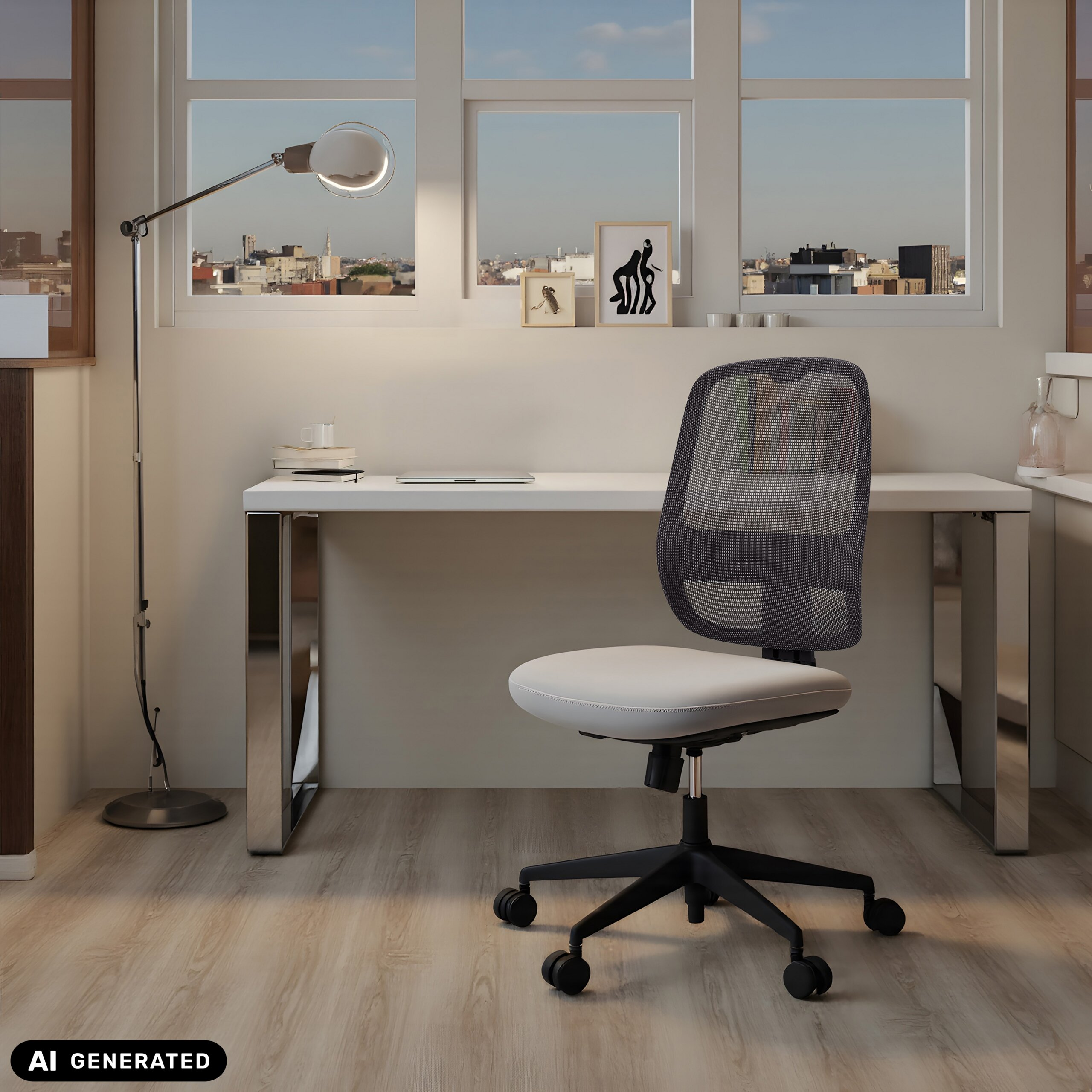 Moderne Büroecke mit weißem Schreibtisch, grauem Netzstuhl, Lampe und Stadtblick aus dem Fenster.