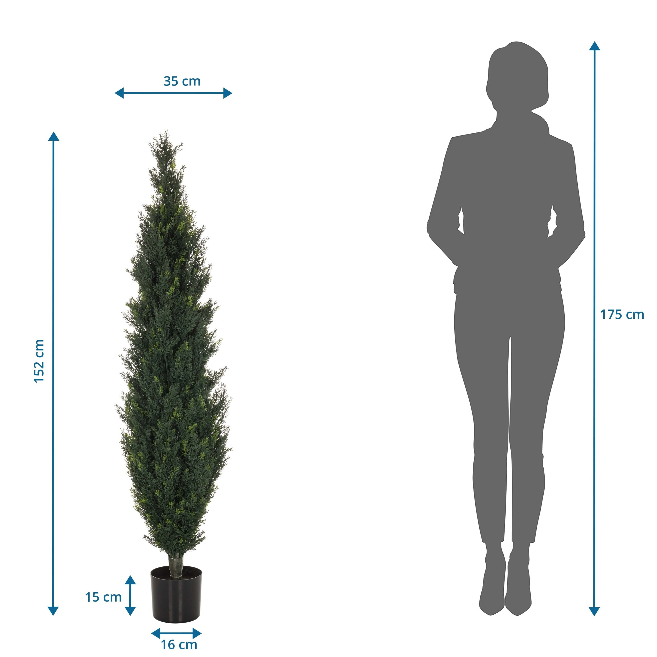 Diagramm zeigt eine 152 cm große künstliche Zypresse neben einer 175 cm großen Menschensilhouette mit Maßpfeilen.