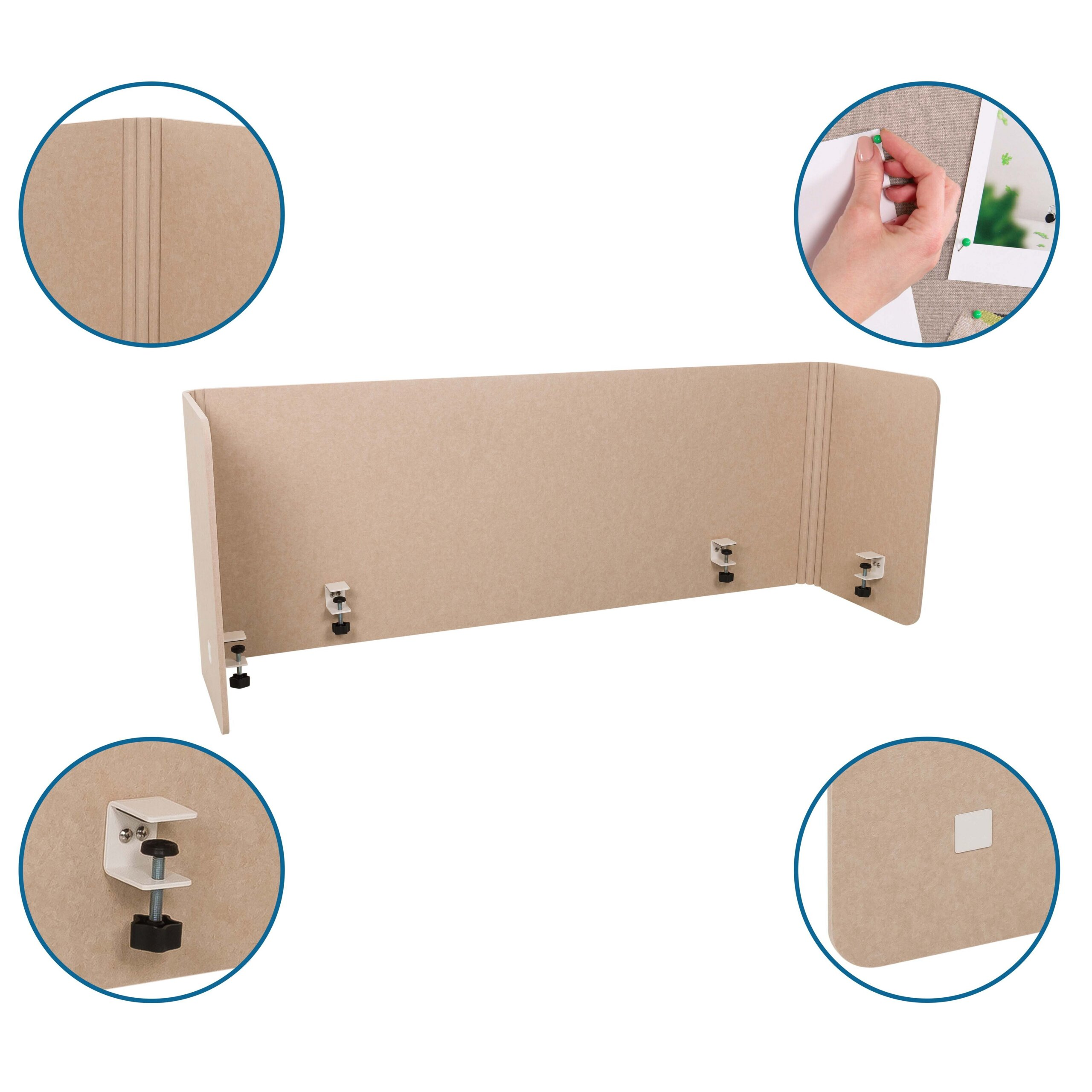 Beige Tischabtrennung mit vier weißen Klammern und Detailaufnahmen von Scharnier, Halterung, Pinnwand und Aufkleber.