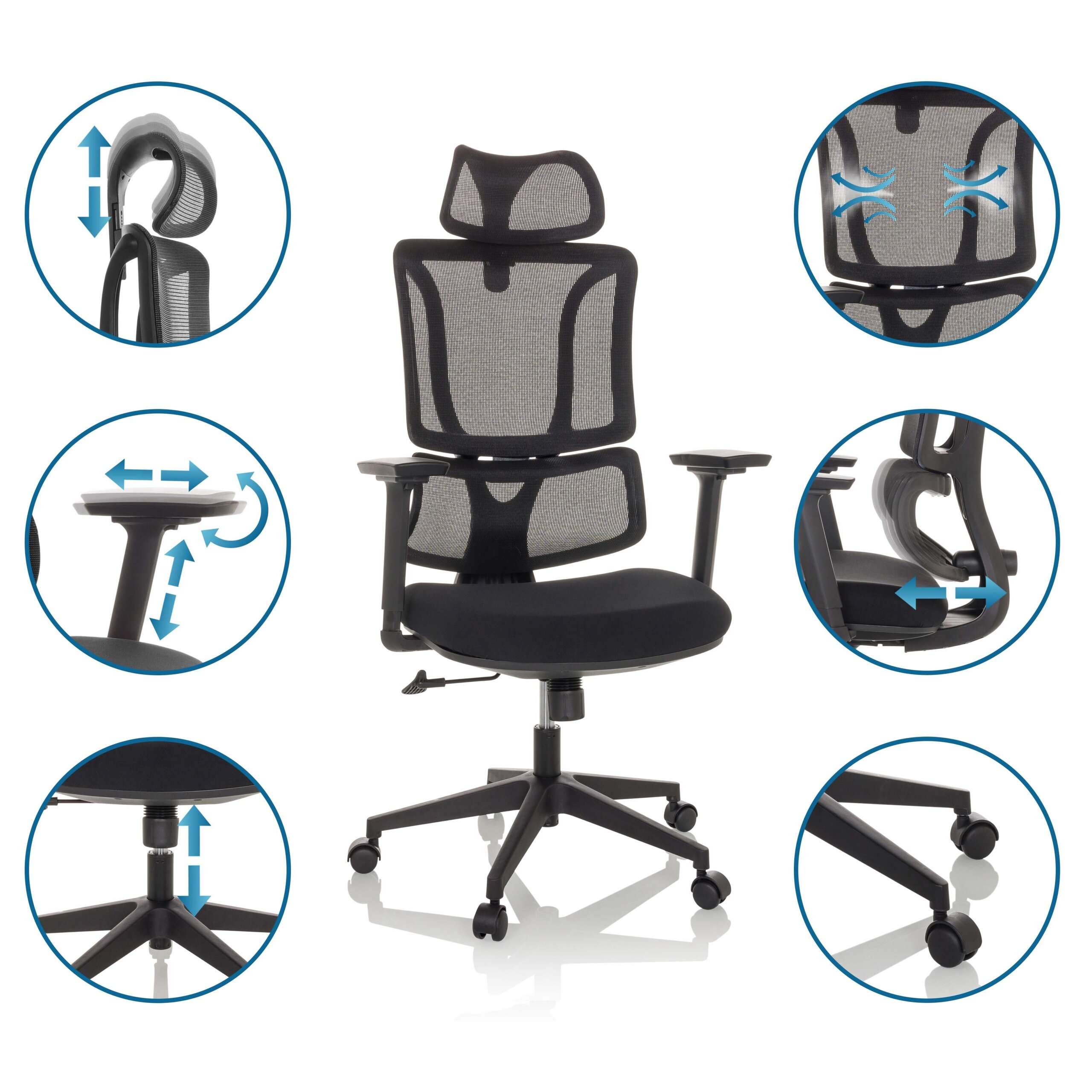 Ergonomischer schwarzer Buerostuhl mit verstellbaren Funktionen wie Kopfstuetze, Armlehnen und Lendenwirbelstuetze.