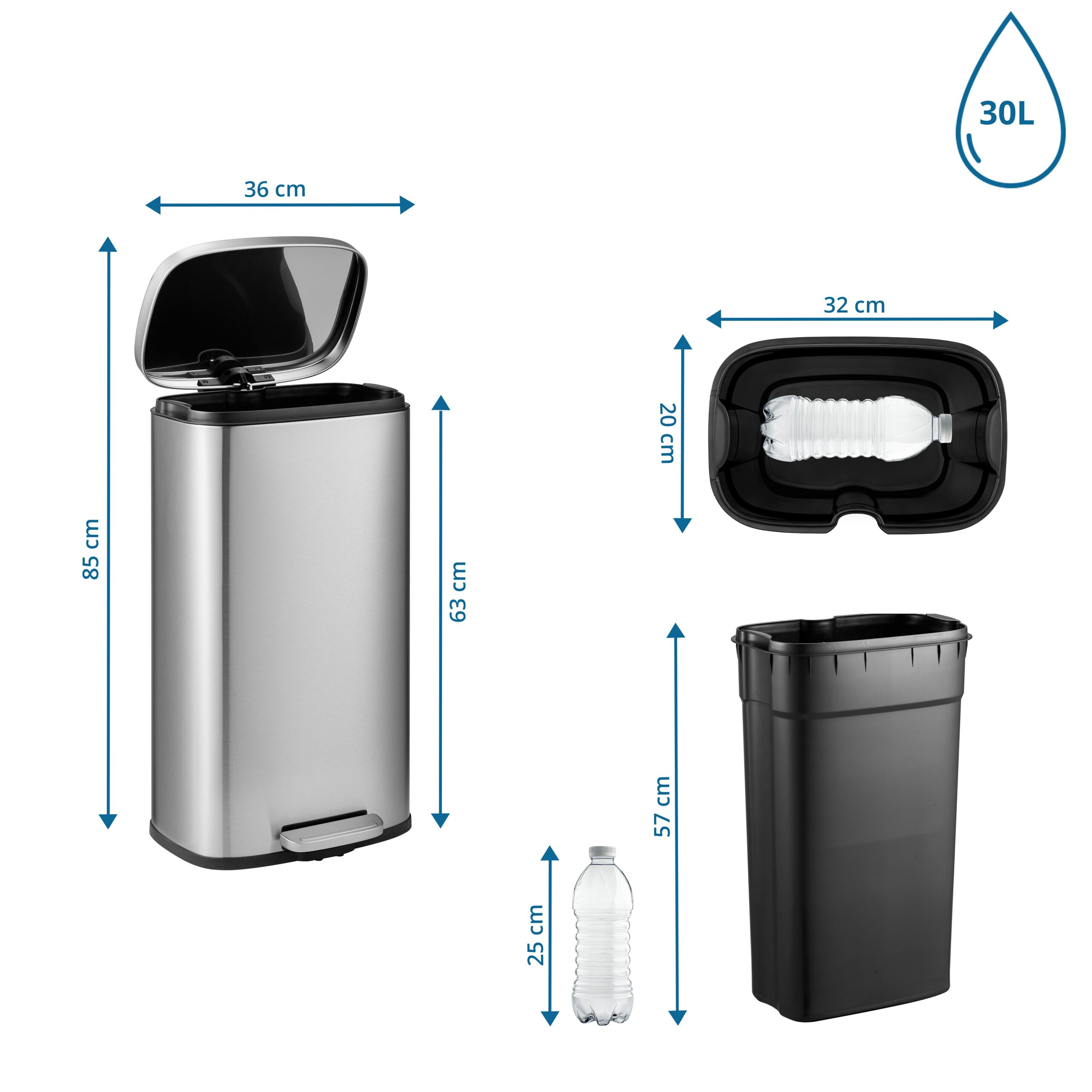 Diagramm eines 30L Edelstahl-Mülleimers mit Maßen, schwarzem Inneneimer und Plastikflasche zum Größenvergleich.