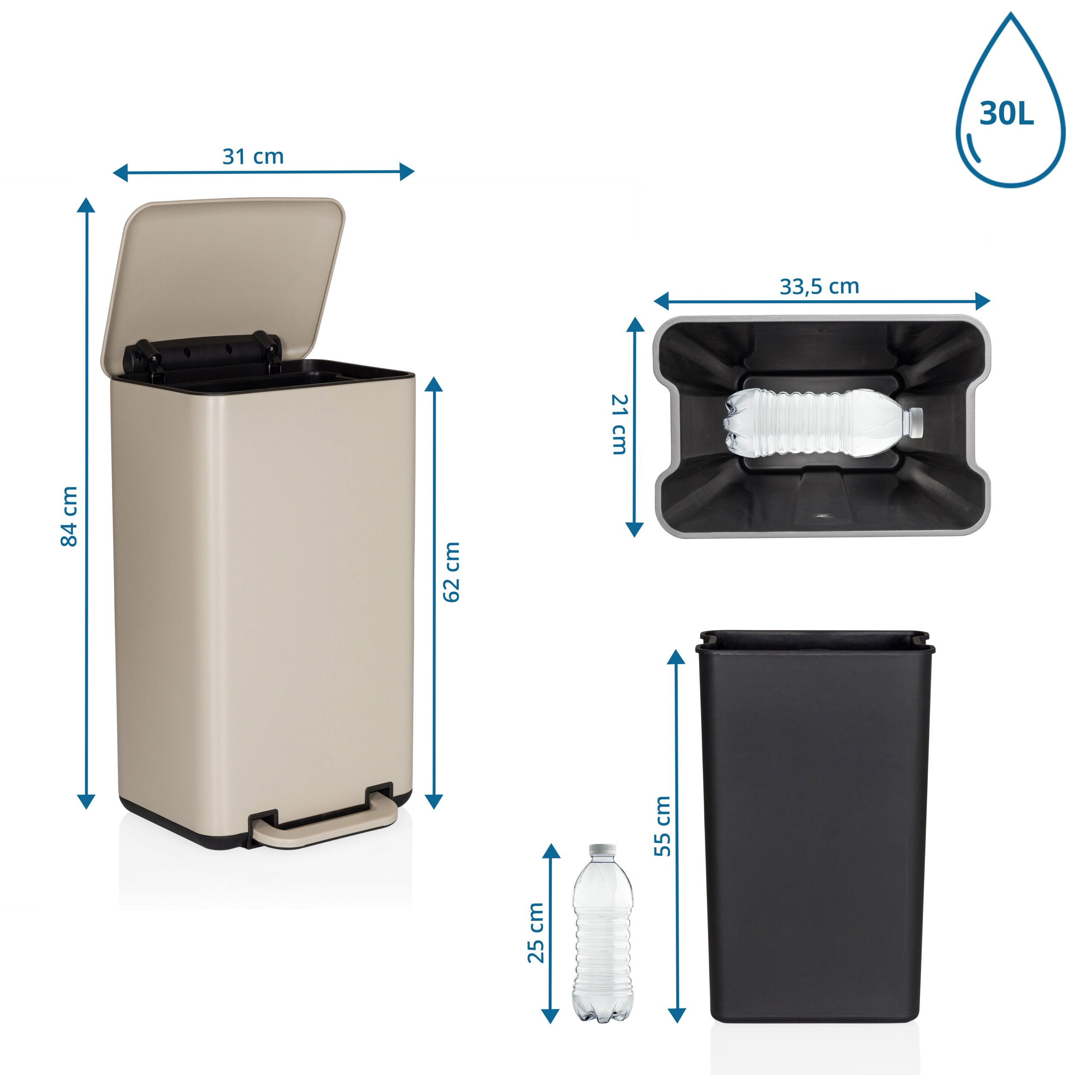 Beige 30L Treteimer mit Maßangaben und Plastikflasche als Grössenvergleich.
