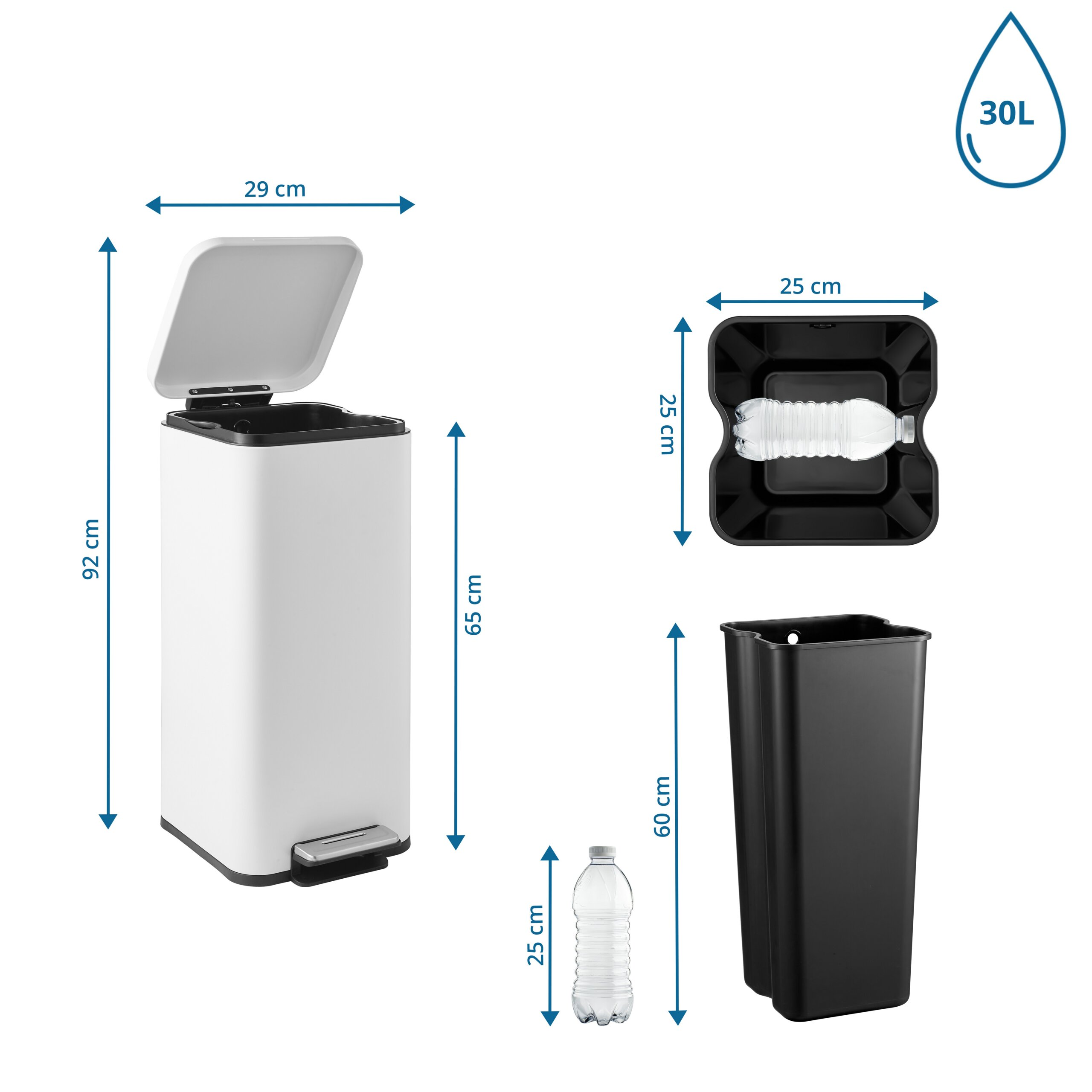 Diagramm eines 30-Liter-Mülleimers mit Maßen, offenem Deckel, Innenbehälter und einer Plastikflasche.