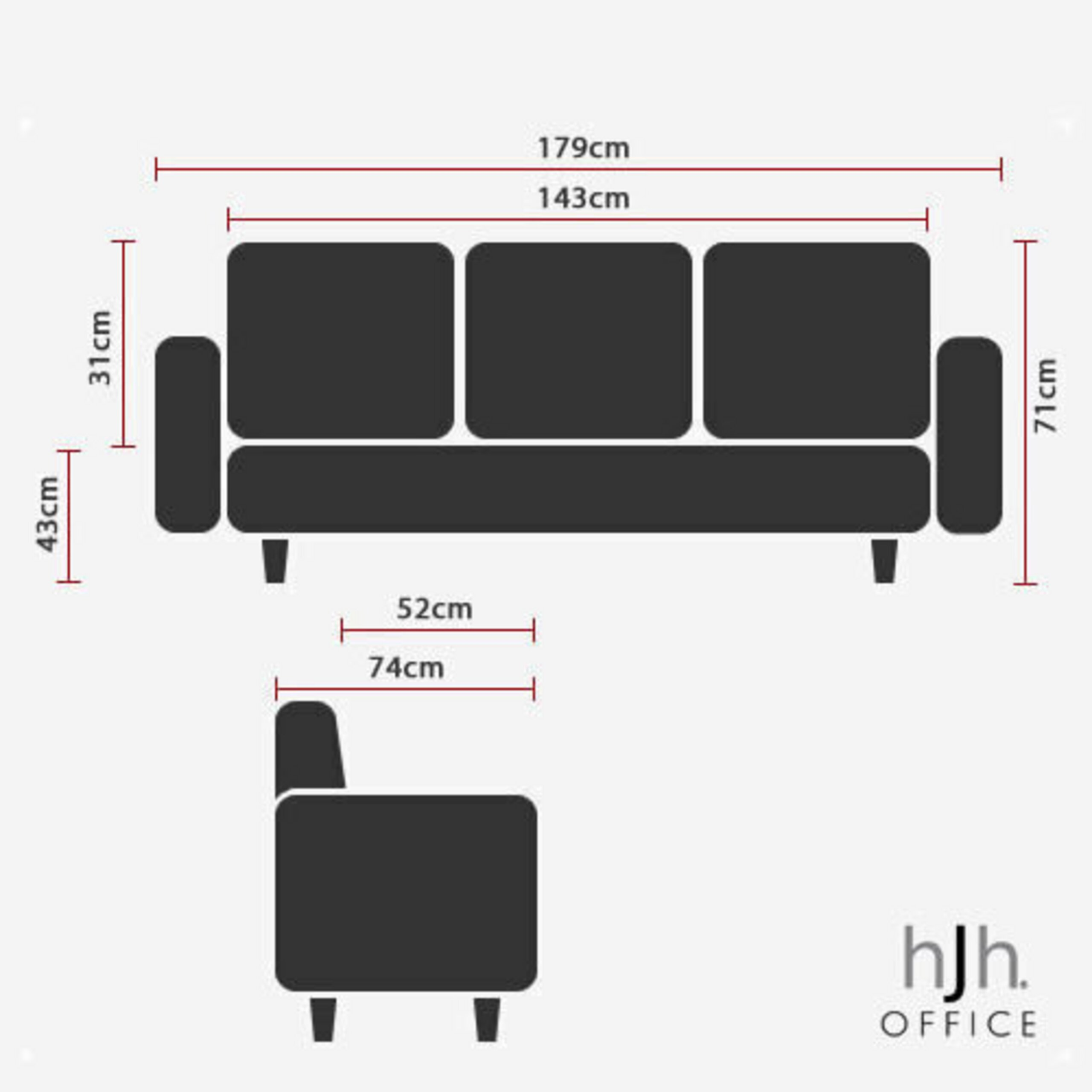 Technische Zeichnung eines Sofas mit Maßangaben in Zentimetern von vorne und der Seite.