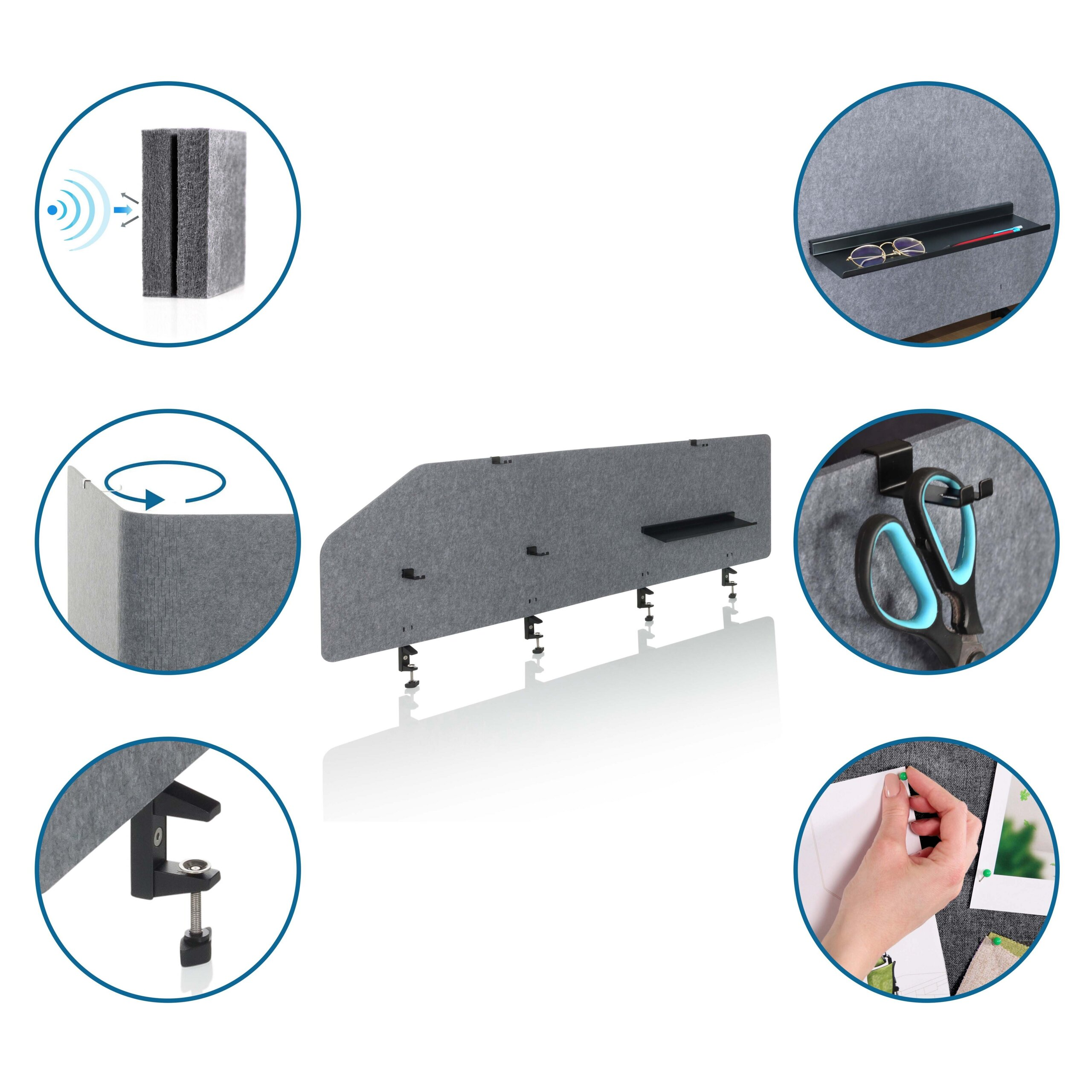 Graue Schreibtisch-Trennwand mit Klemmen, Ablage und Haken, mit Detailbildern zur Schallabsorption.