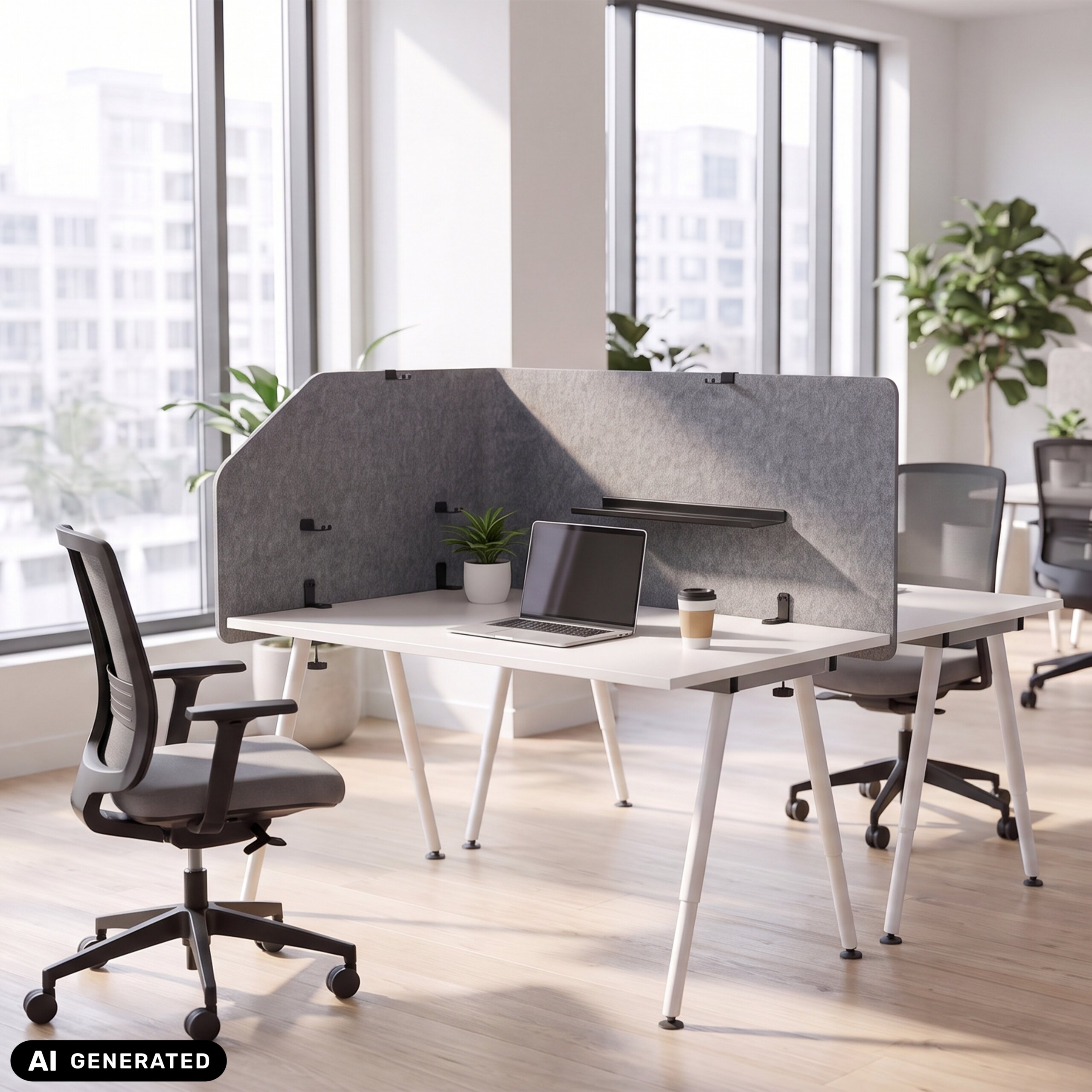 Ein modernes Büro mit weißem Schreibtisch, Laptop, Kaffeetasse, Pflanzen und ergonomischen Stühlen.