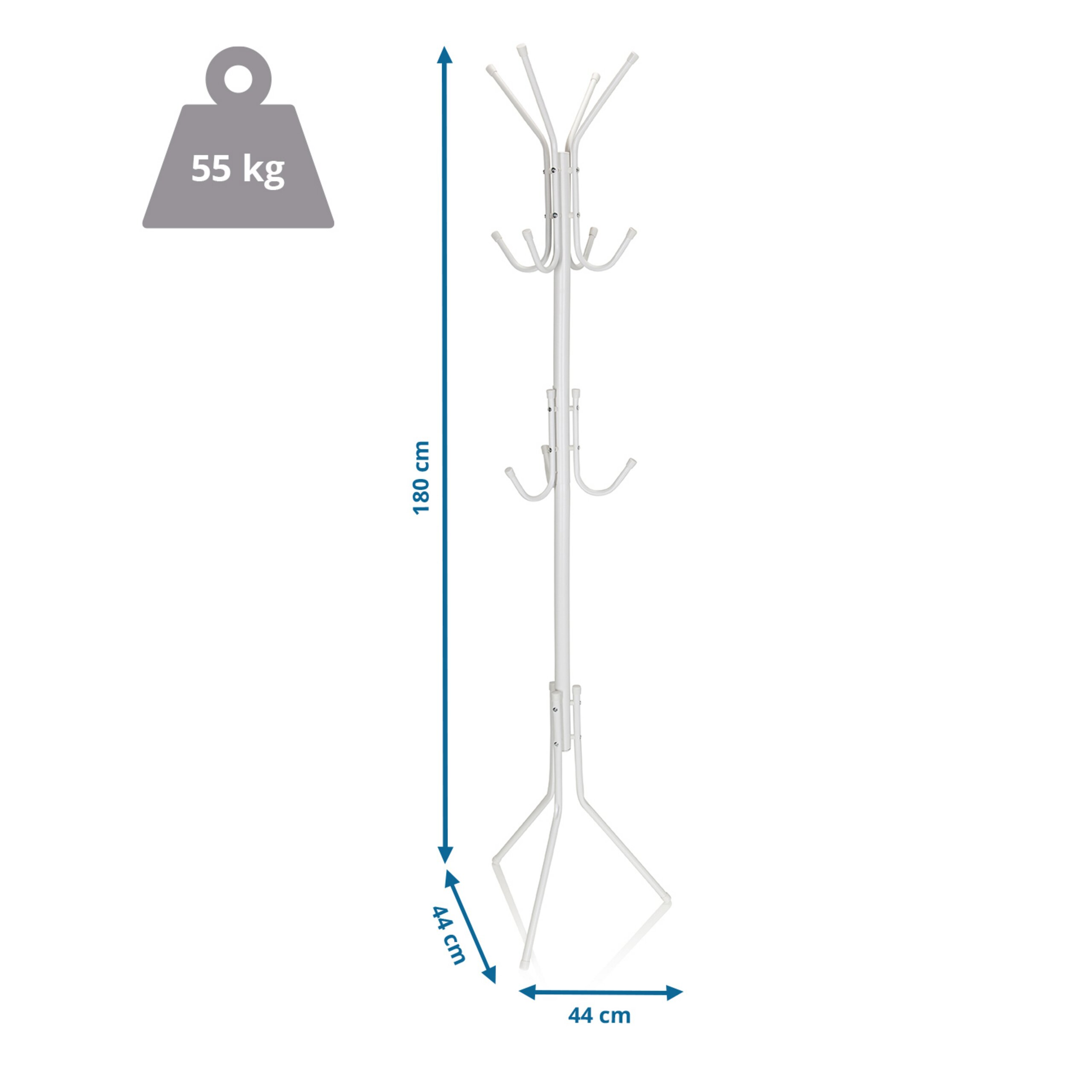Weißer Metall-Garderobenständer mit Maßen 180x44x44 cm und 55 kg Tragkraft.