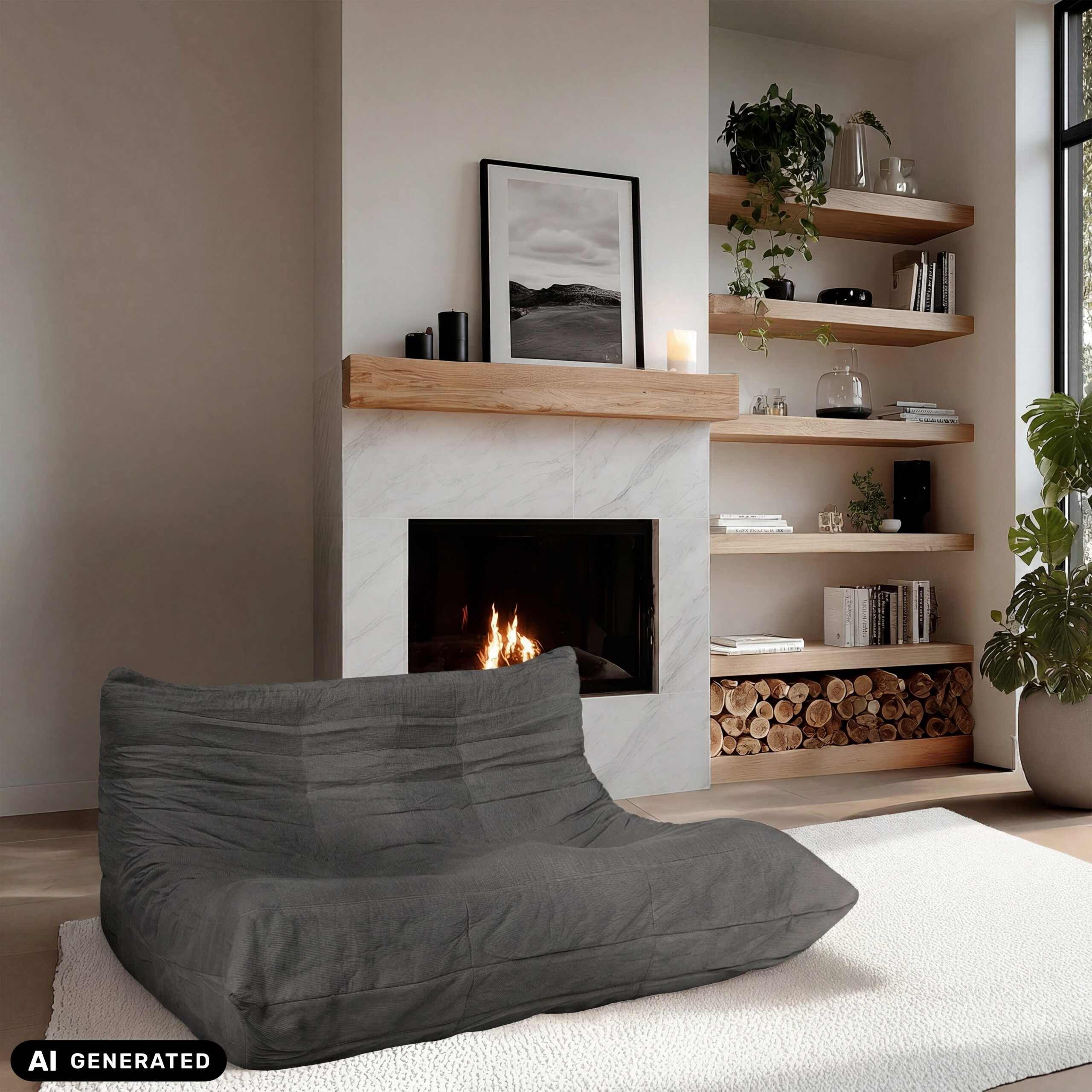 Gemütliches Wohnzimmer mit grauem Sessel, Kamin und Holzregalen.