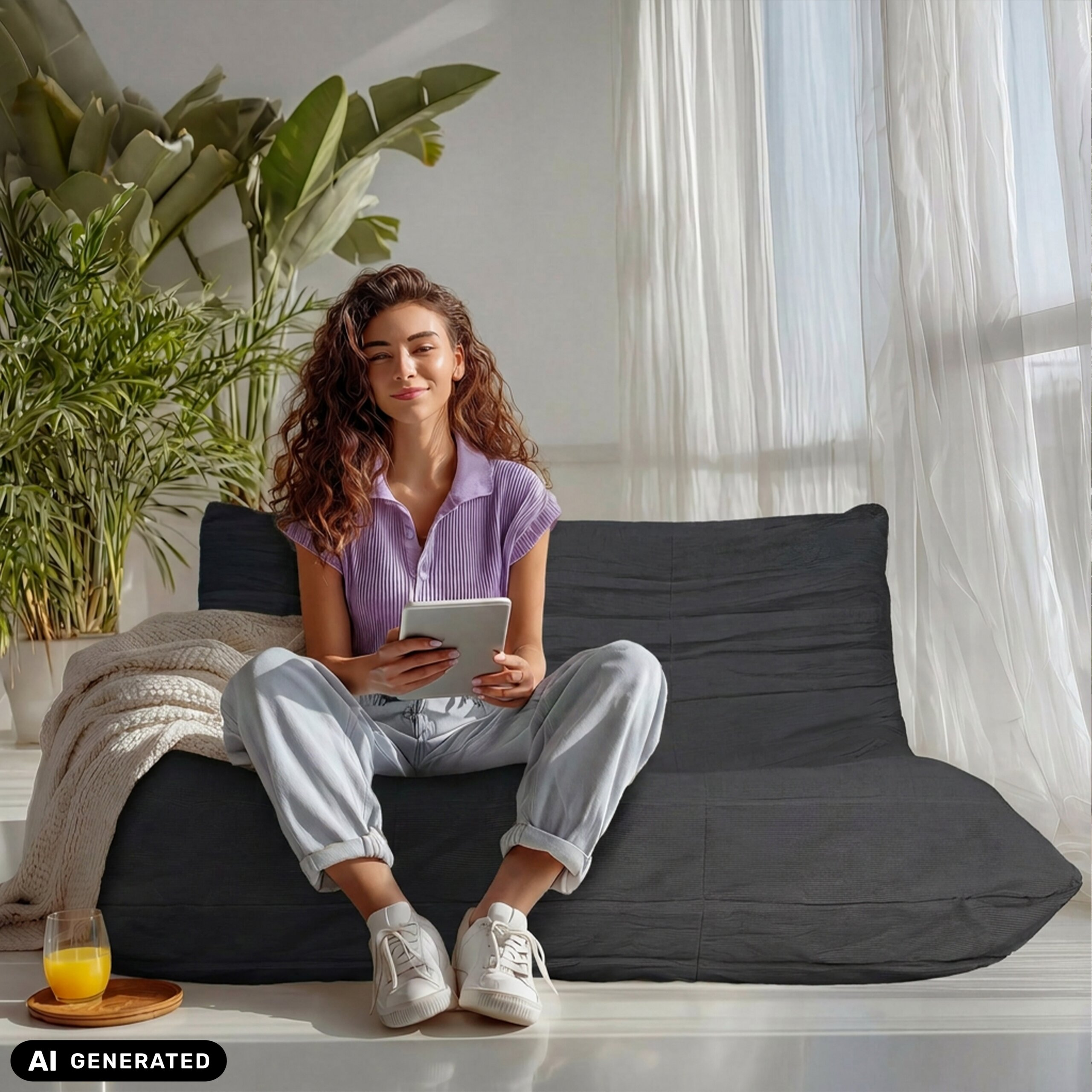 Eine junge Frau mit Locken sitzt auf einem dunklen Sofa, hält ein Tablet und lächelt, im Hintergrund sind Pflanzen und Vorhänge.