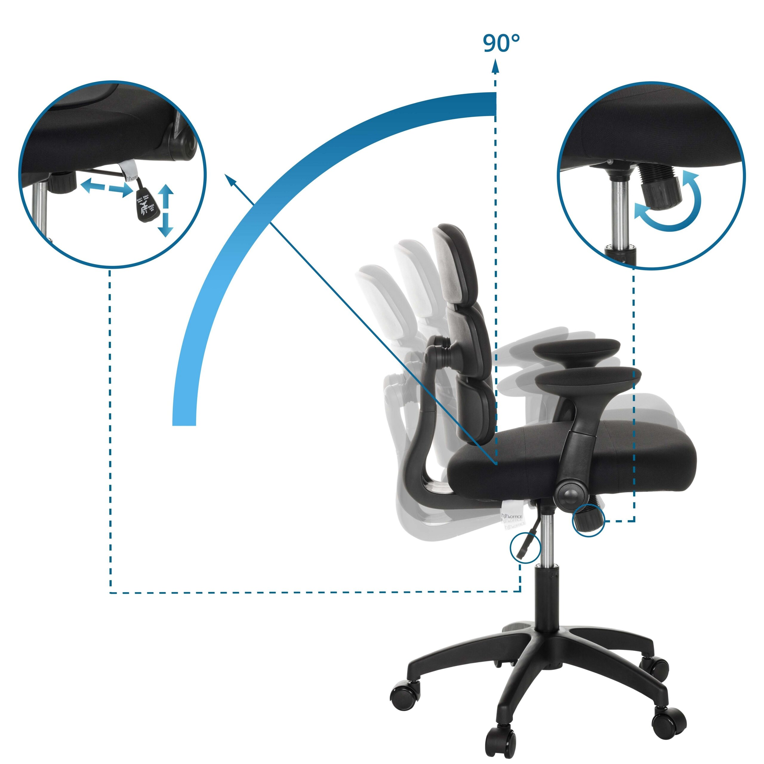 Diagramm zeigt die Neigungsfunktion eines schwarzen Buerostuhls mit 90-Grad-Winkel und Zoom-Ansichten.