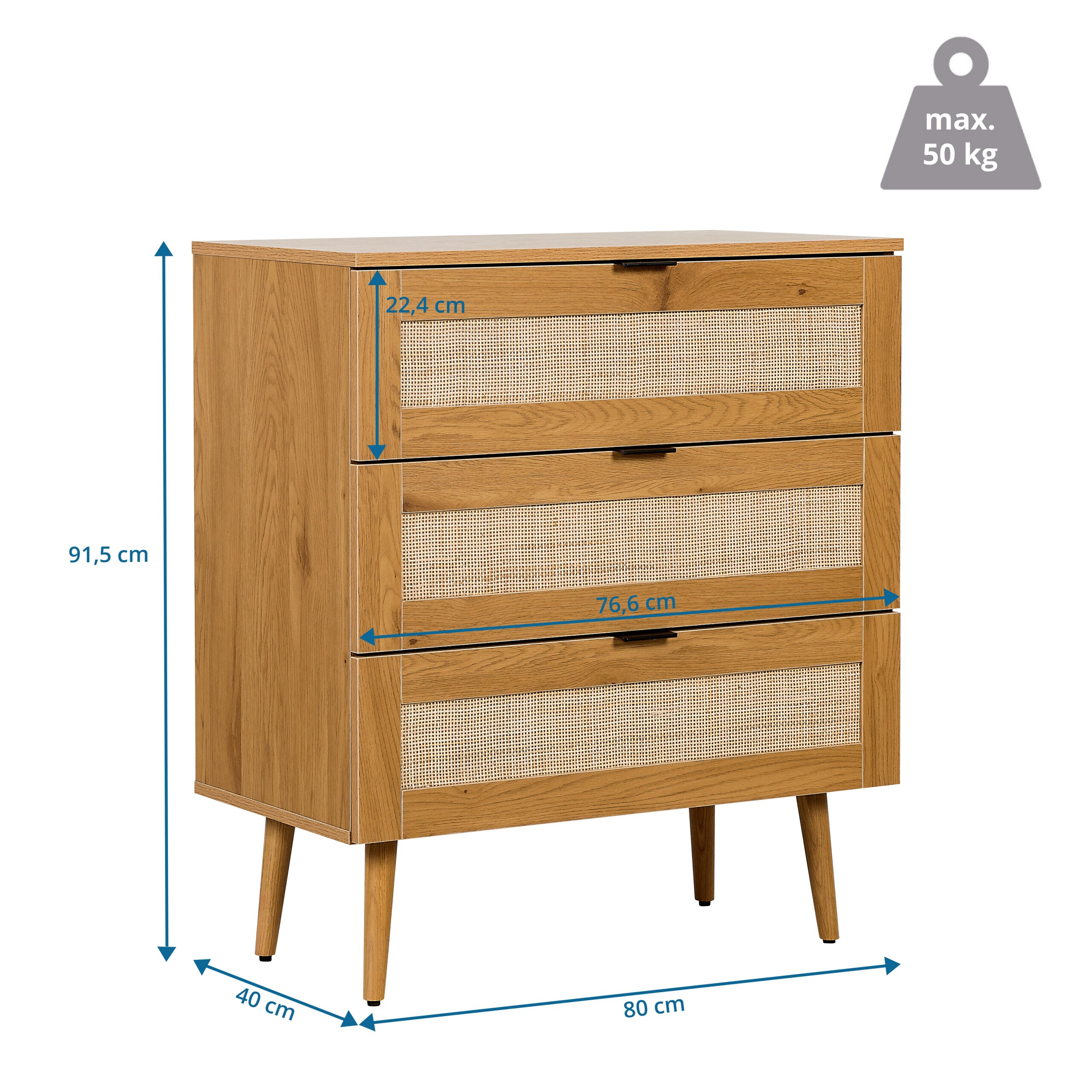 Holzkommode mit drei Schubladen, Rattandetails und Maßen sowie Gewichtshinweis oben rechts.