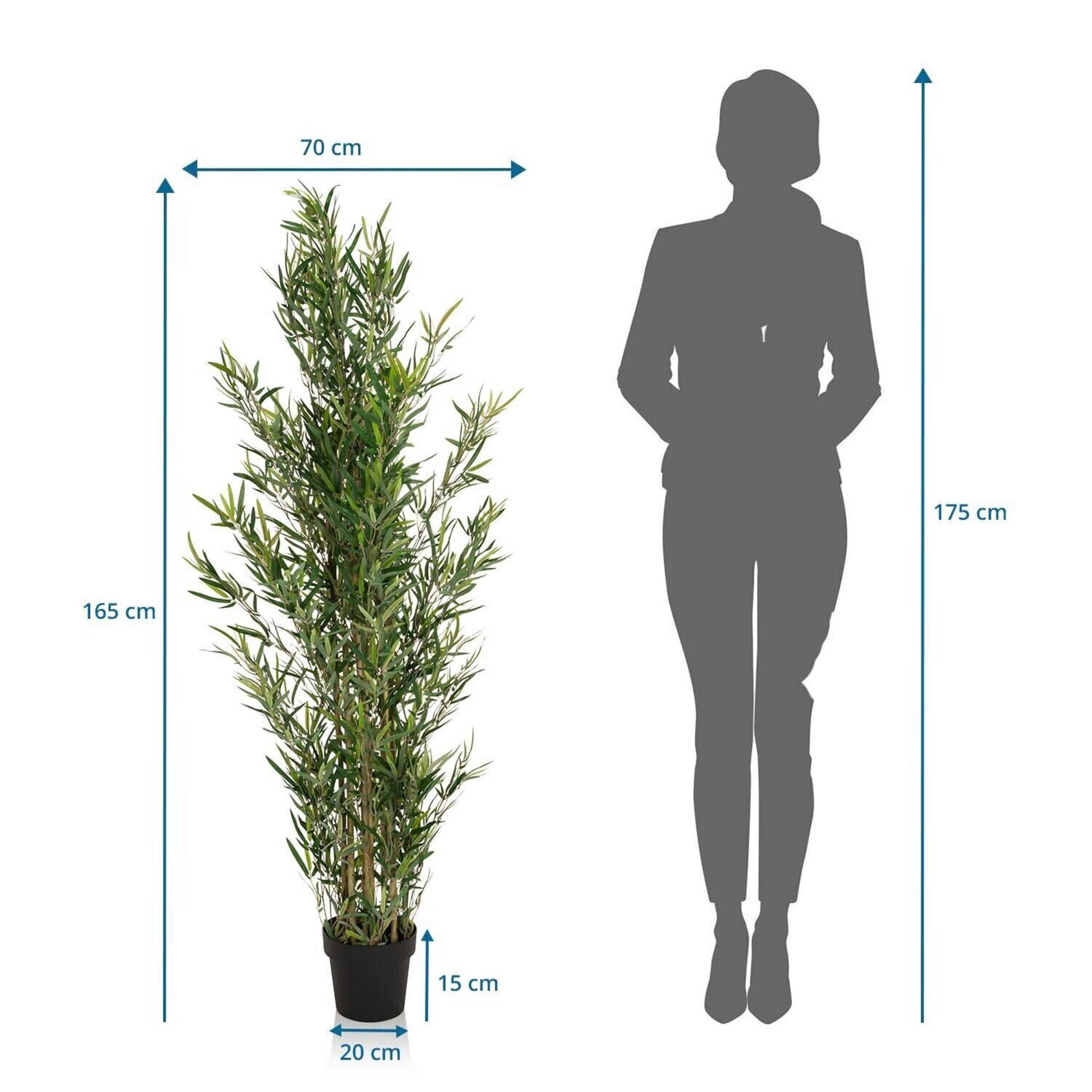 Diagramm zeigt eine 165 cm hohe künstliche Pflanze im Topf neben einer 175 cm großen menschlichen Silhouette.