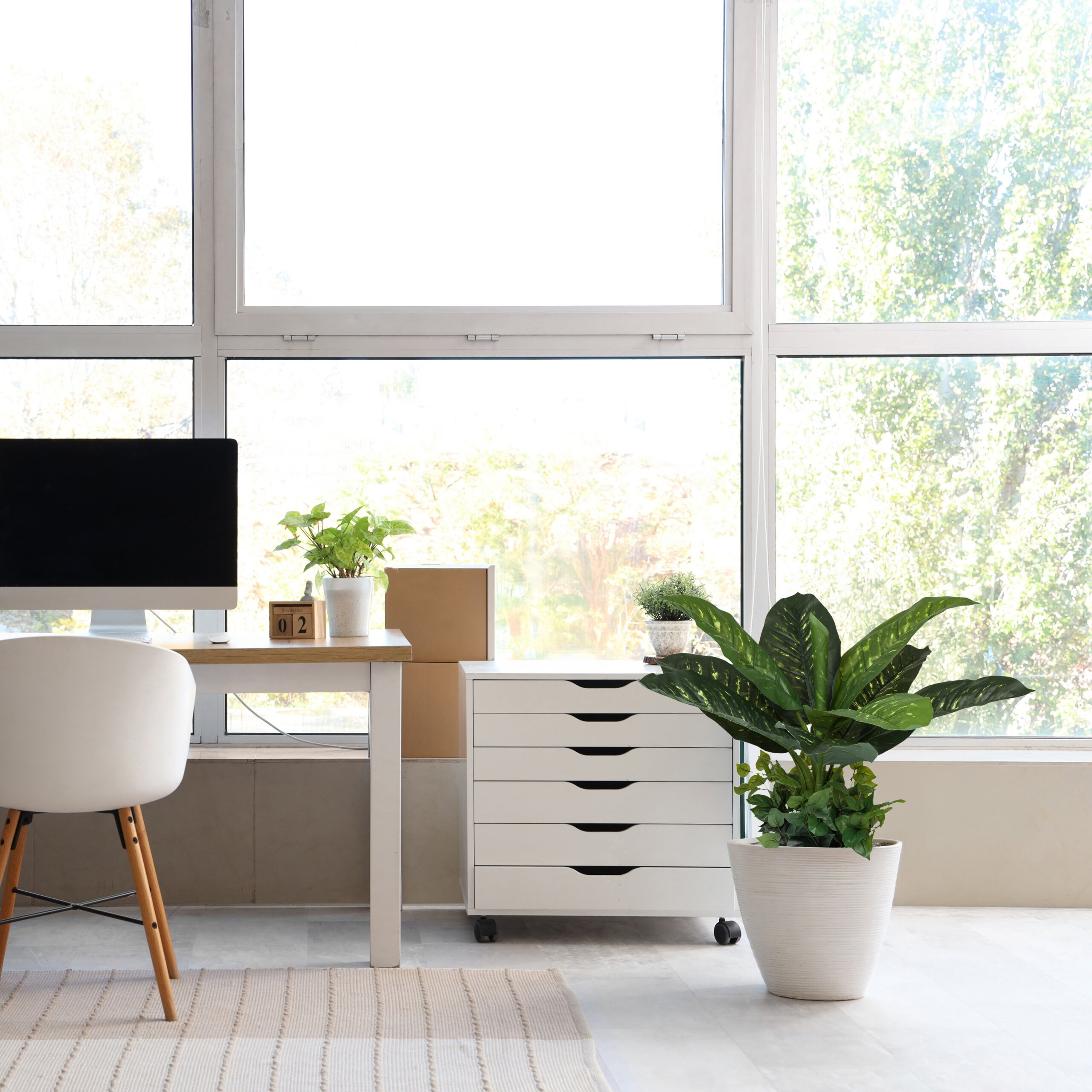 Ein heller Arbeitsplatz mit Computer, Pflanzen, einem weißen Stuhl und einem Schrank vor großen Fenstern.