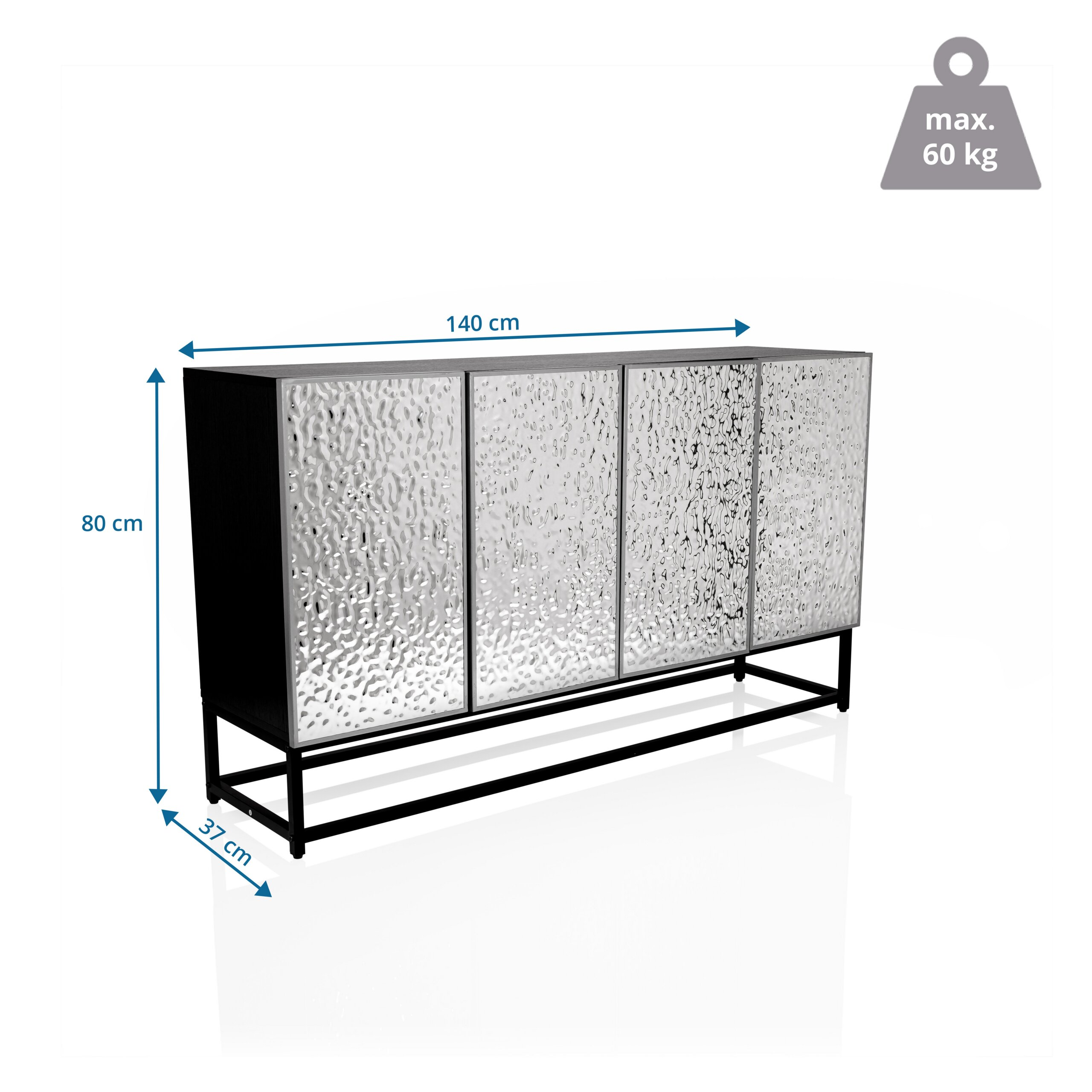 Schwarzes Sideboard mit vier strukturierten Türen auf Metallgestell, Maße 140x80x37 cm, max. 60 kg.
