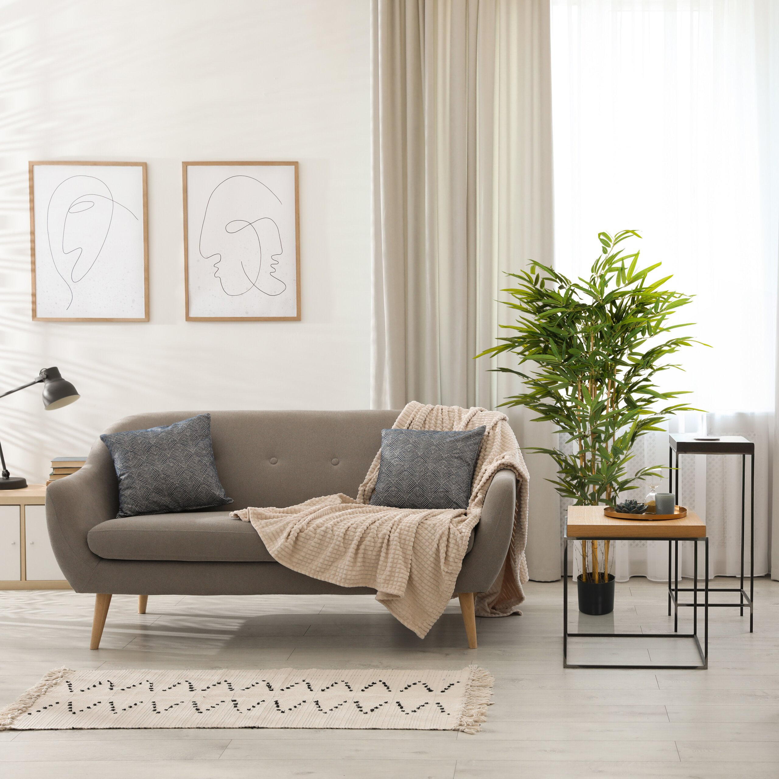 Ein gemütliches Wohnzimmer mit grauem Sofa, Kissen, Decke, Zimmerpflanze und abstrakten Kunstwerken an der Wand.