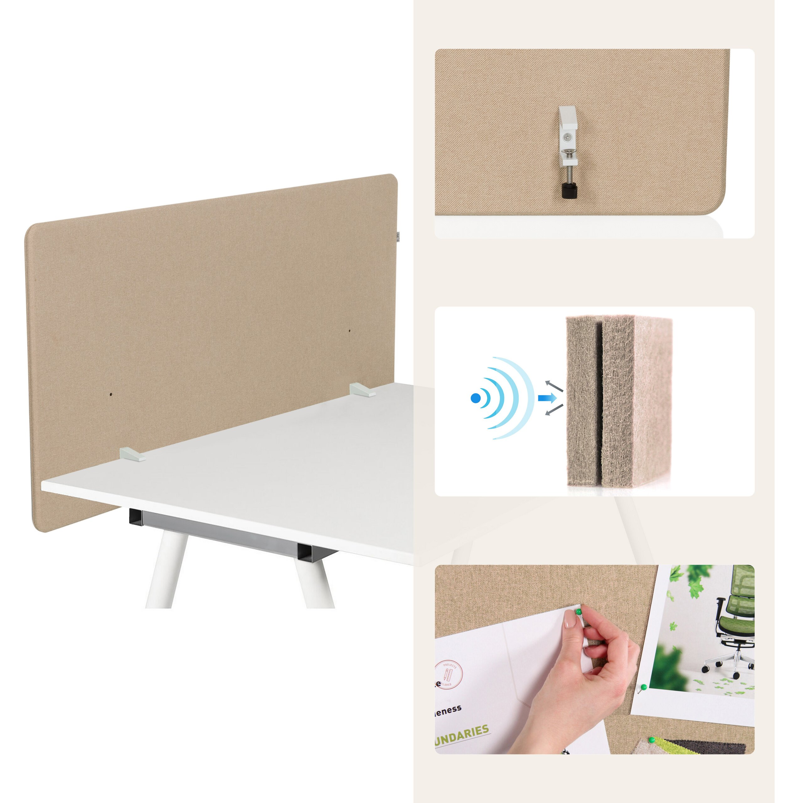Beigefarbener Schreibtischteiler an einem weißen Tisch mit Klammer, schallisolierendem Panel und Notizen.
