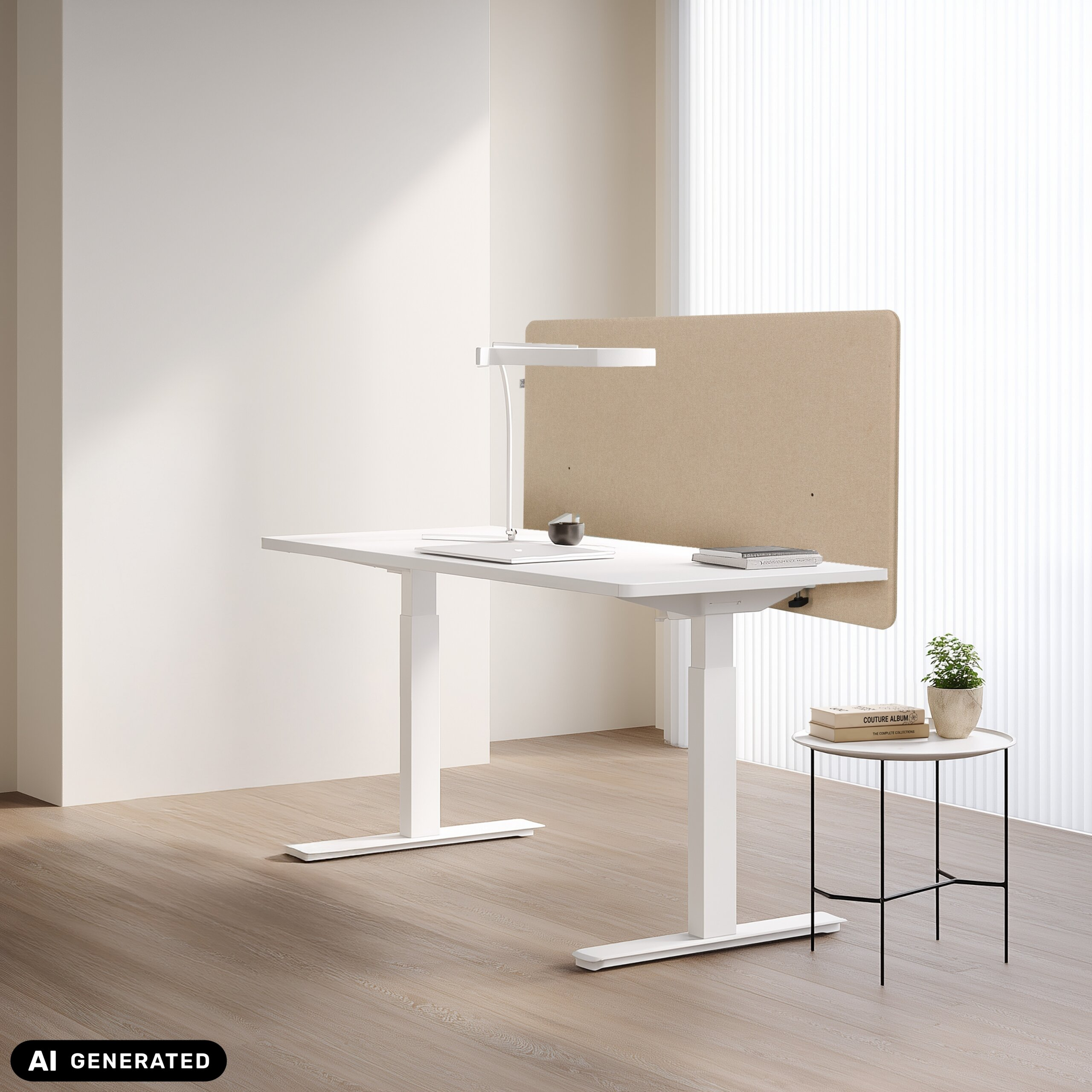 Moderner weißer Schreibtisch mit Trennwand, Lampe und Beistelltisch auf Holzboden in hellem Raum.