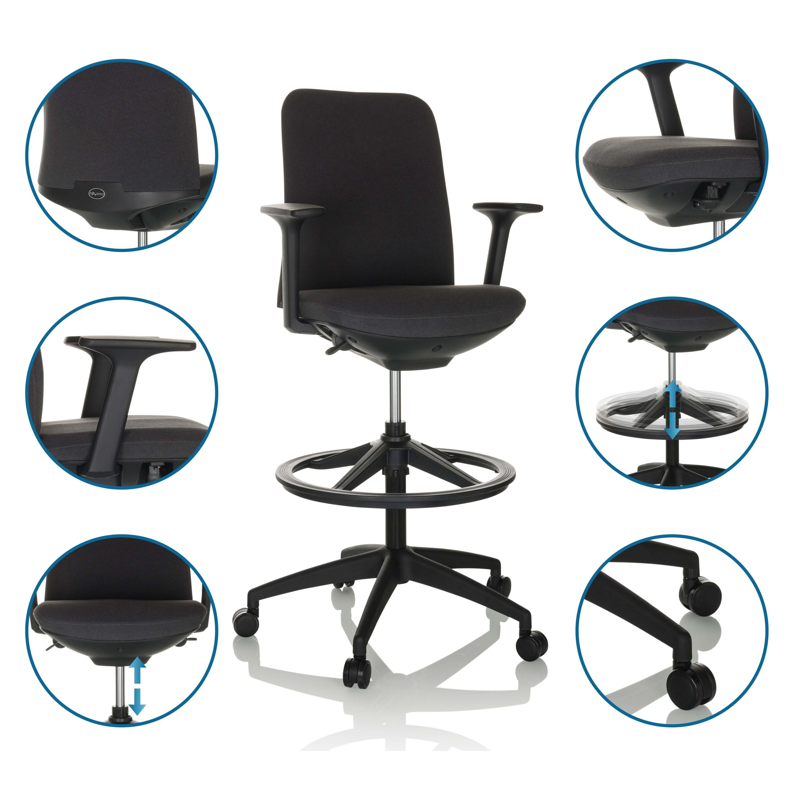 Ein schwarzer ergonomischer Stehstuhl mit Armlehnen, Rollen und Fußring, umgeben von Detailansichten auf weißem Grund.