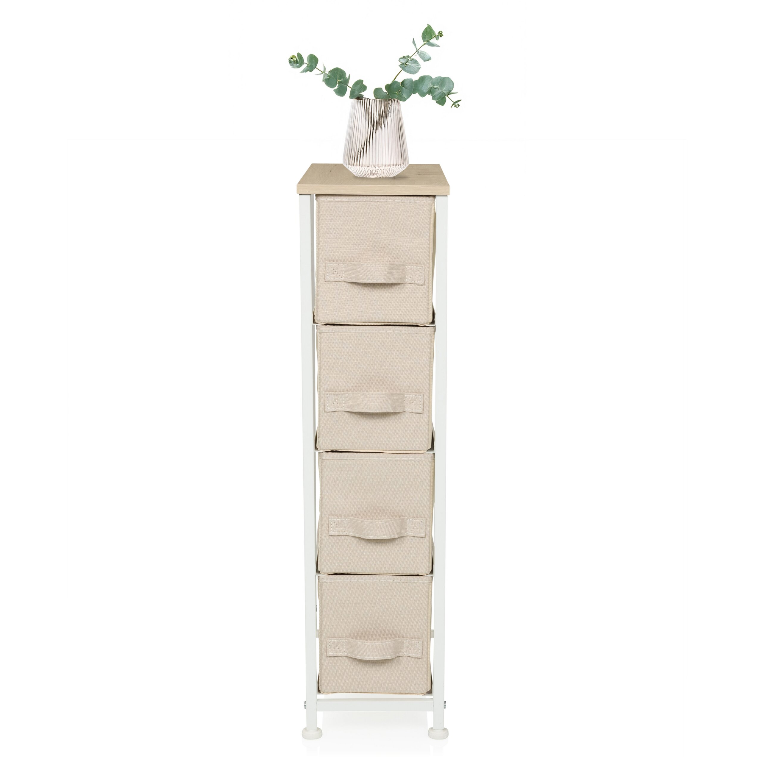 Ein schmales weißes Metallregal mit vier beigen Stoffschubladen und einer Holzplatte, darauf eine Vase mit Eukalyptus.
