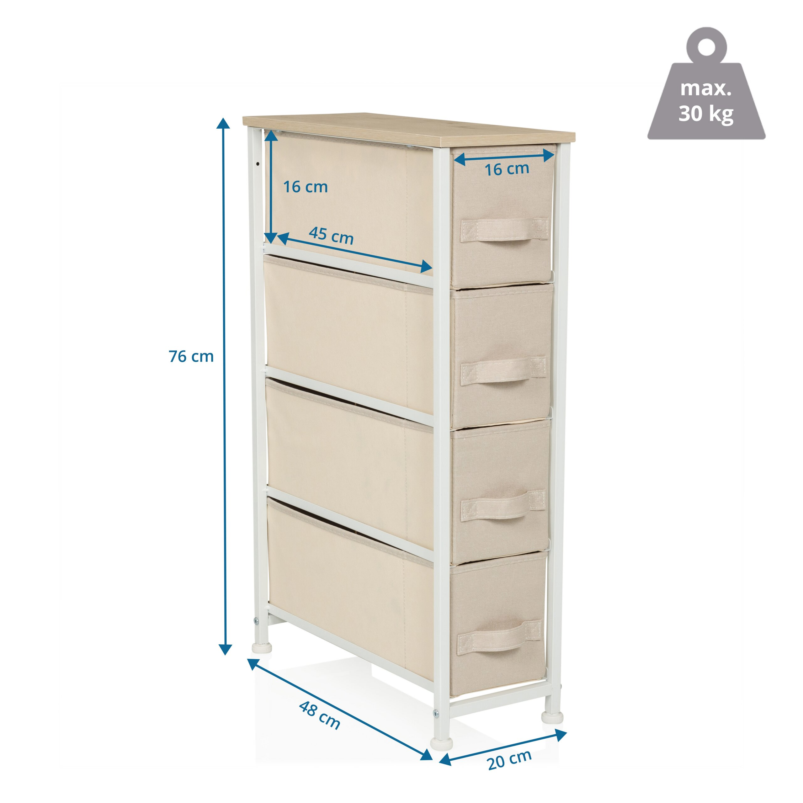 Schlanker Schrank mit vier beigen Stoffschubladen und Massen.