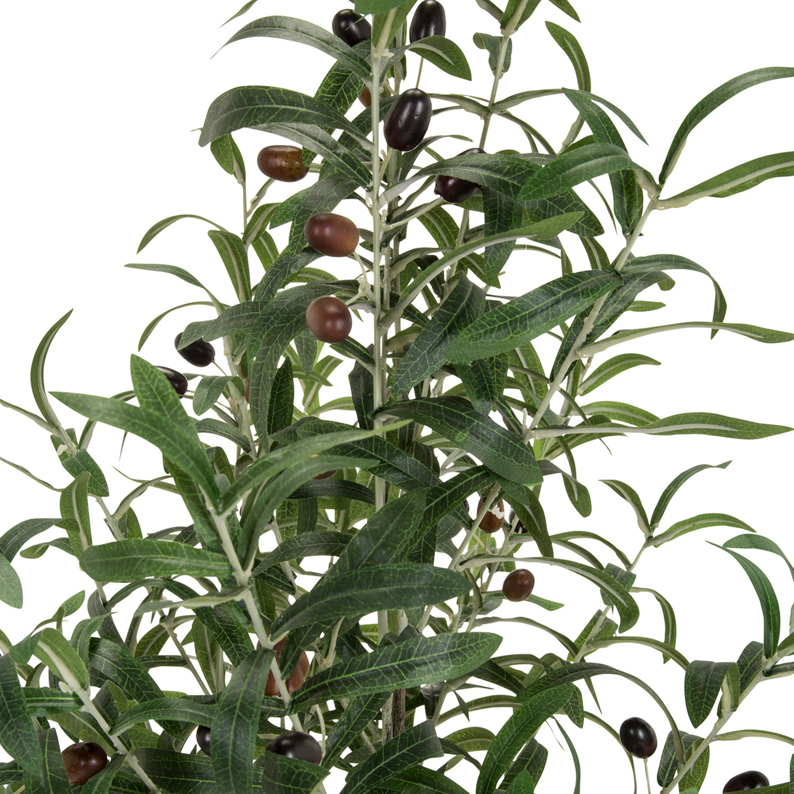 Ein künstlicher Olivenbaum mit grünen Blättern und dunkelroten Oliven vor weißem Hintergrund.
