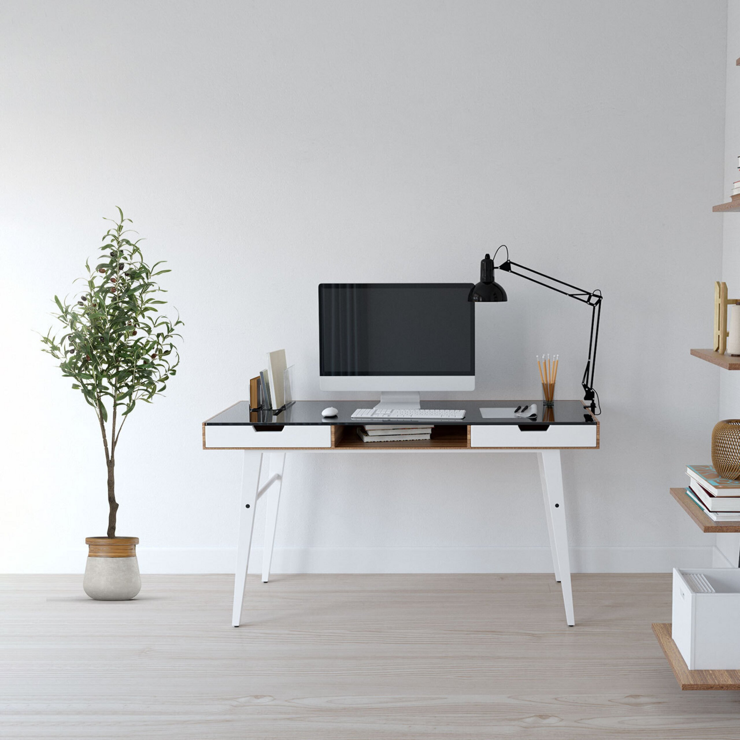 Moderner Schreibtisch mit Computer, Lampe und Topfpflanze vor einer weißen Wand.