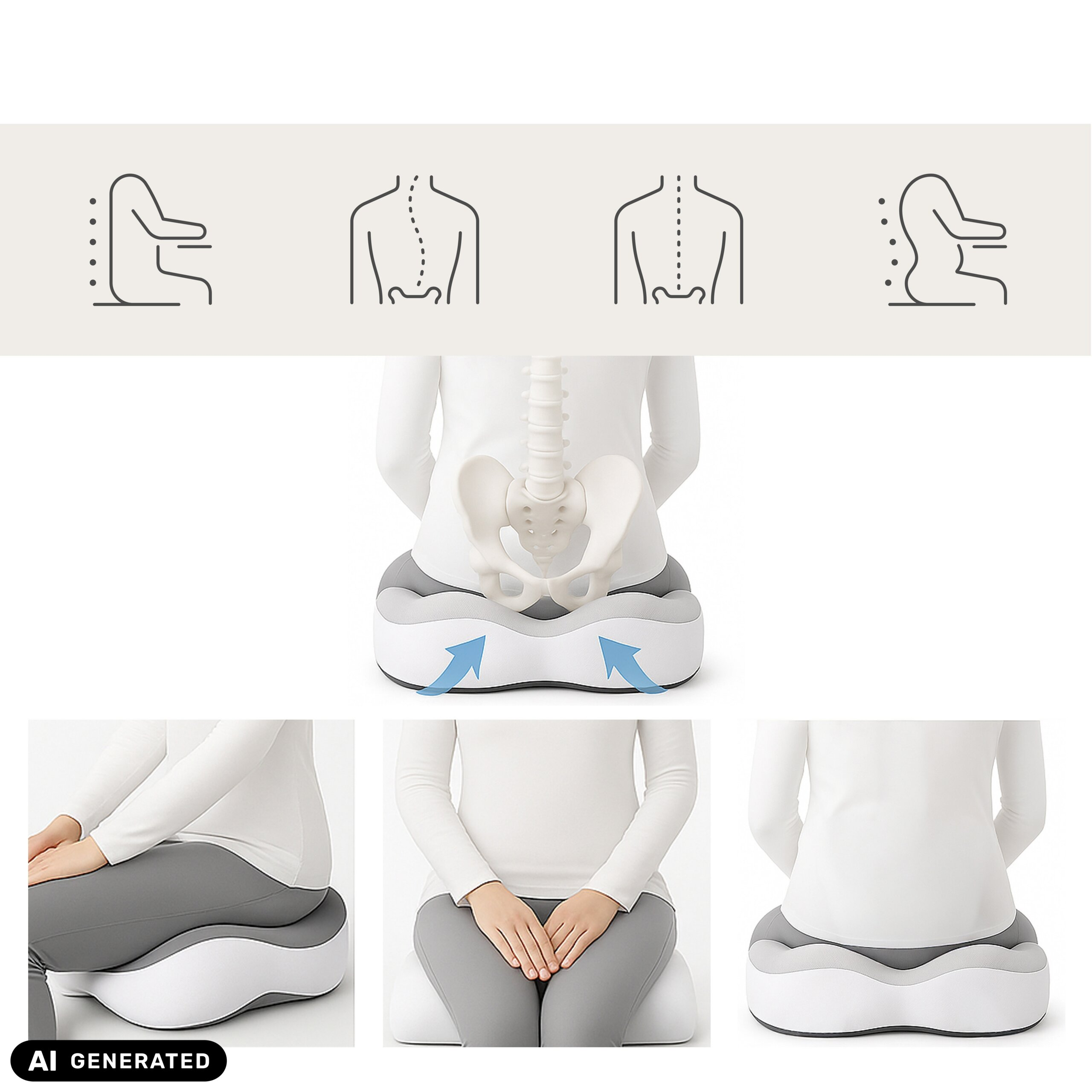 Diagramme und Bilder zeigen die Wirkung eines ergonomischen Sitzkissens auf Haltung und Wirbelsäule.