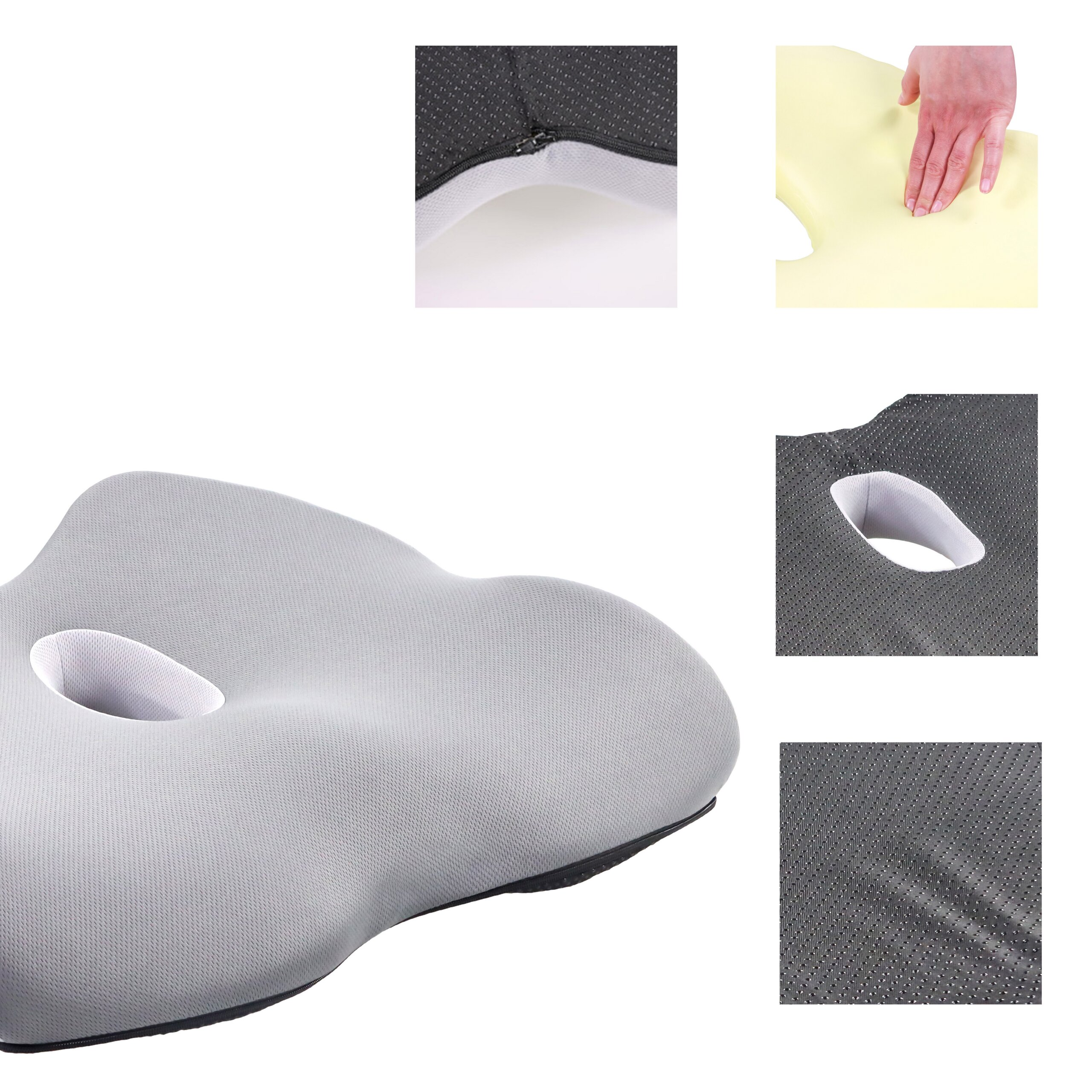 Ergonomisches graues Kissen mit Öffnung und Details zu Schaumstoff und rutschfester Unterseite.