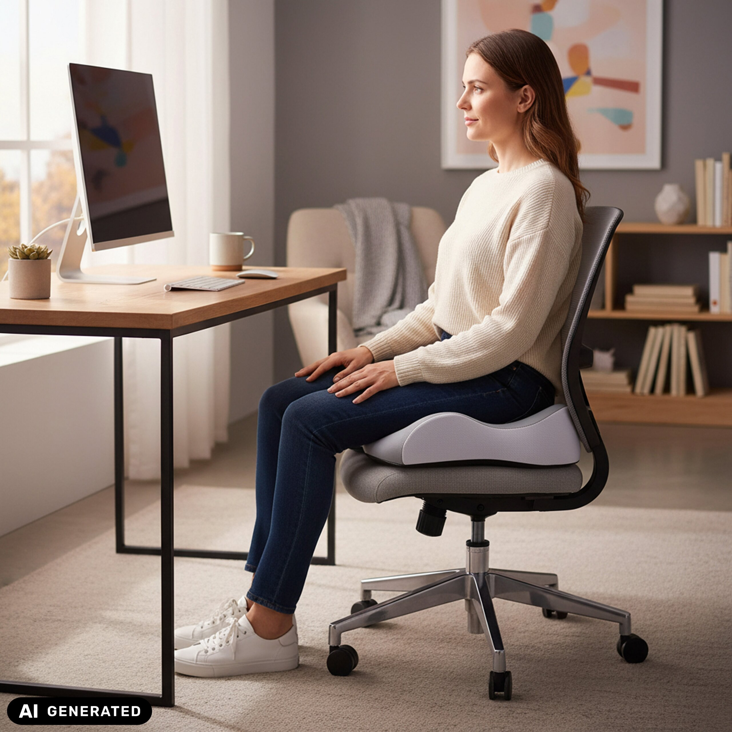 Eine Frau sitzt auf einem ergonomischen Stuhl mit Kissen an einem Holztisch mit Computer.