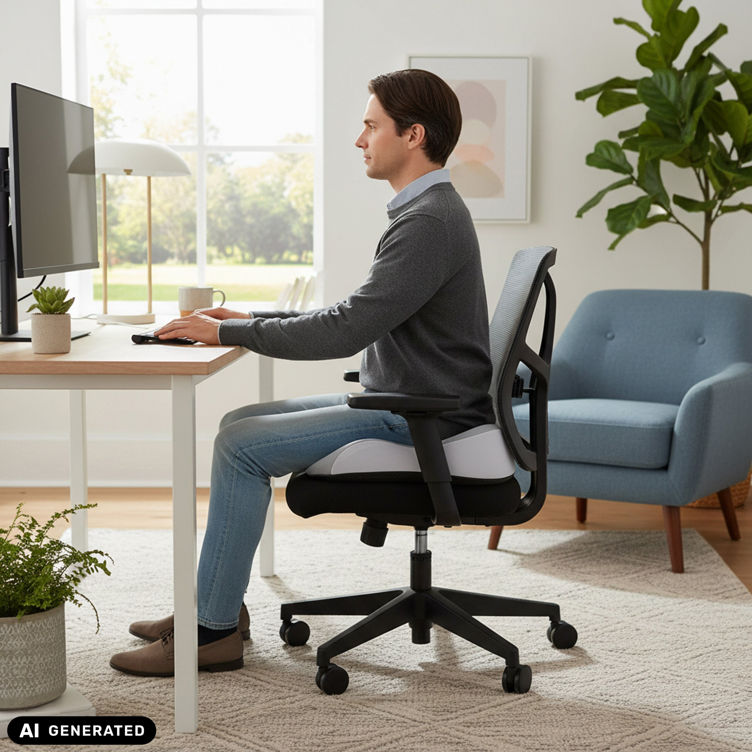 Ein Mann mit grauem Pullover sitzt auf einem Bürostuhl an einem Schreibtisch vor einem Computer.