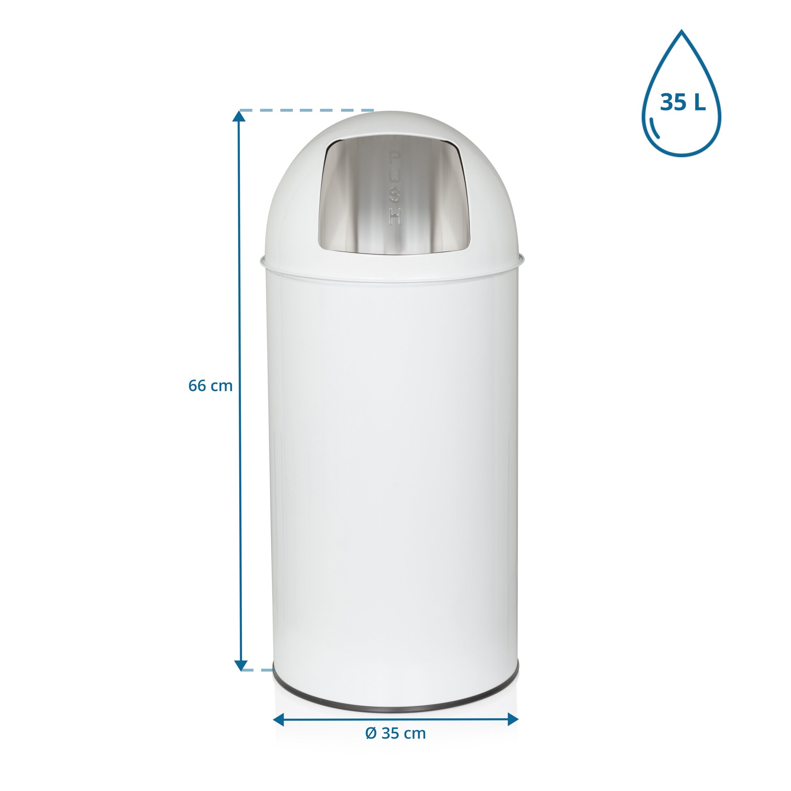 Weißer 35L-Mülleimer mit Push-Klappe, 66 cm hoch und 35 cm im Durchmesser.