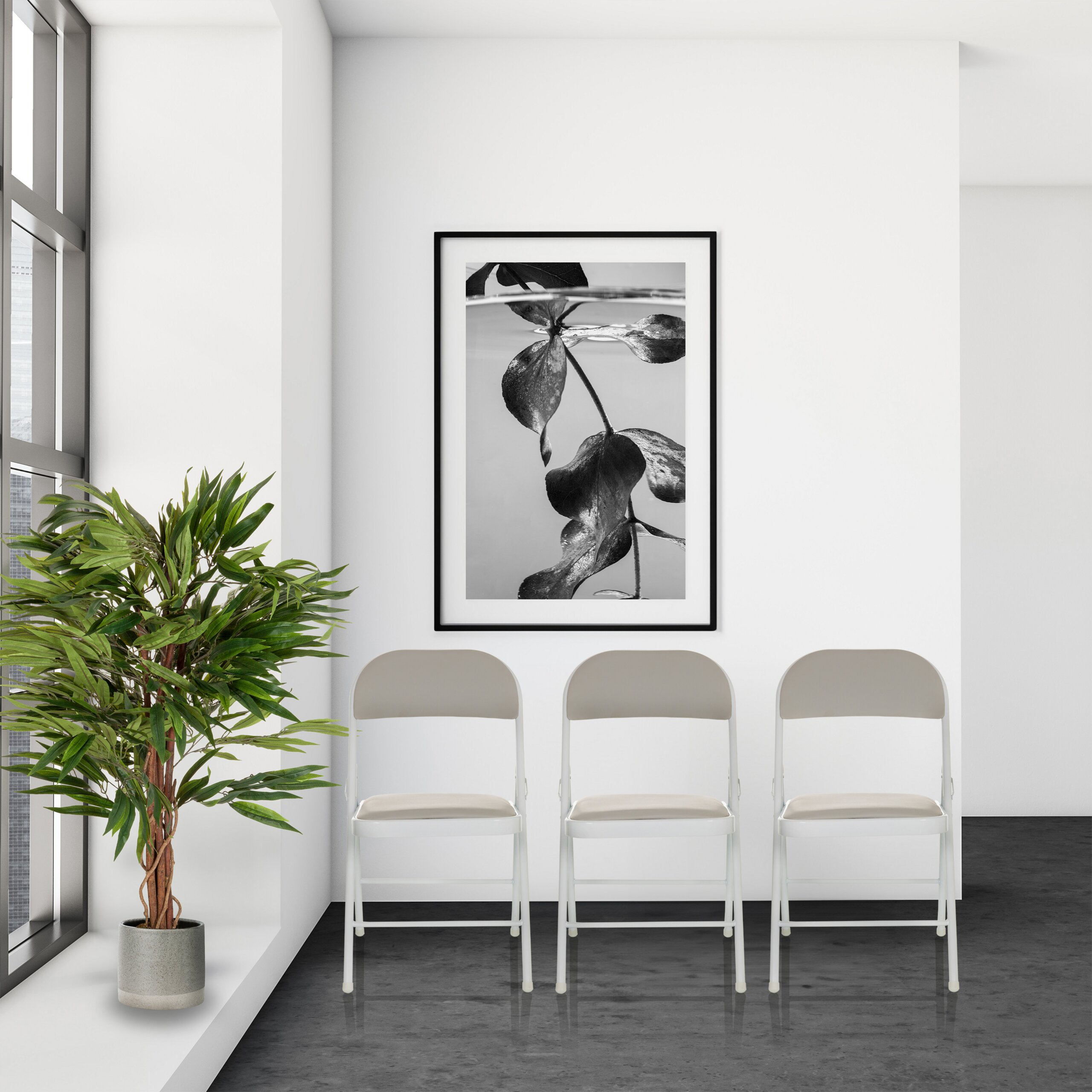 Drei helle Stühle stehen an einer weißen Wand unter einem schwarz-weißen Bild. Links steht eine große Grünpflanze.