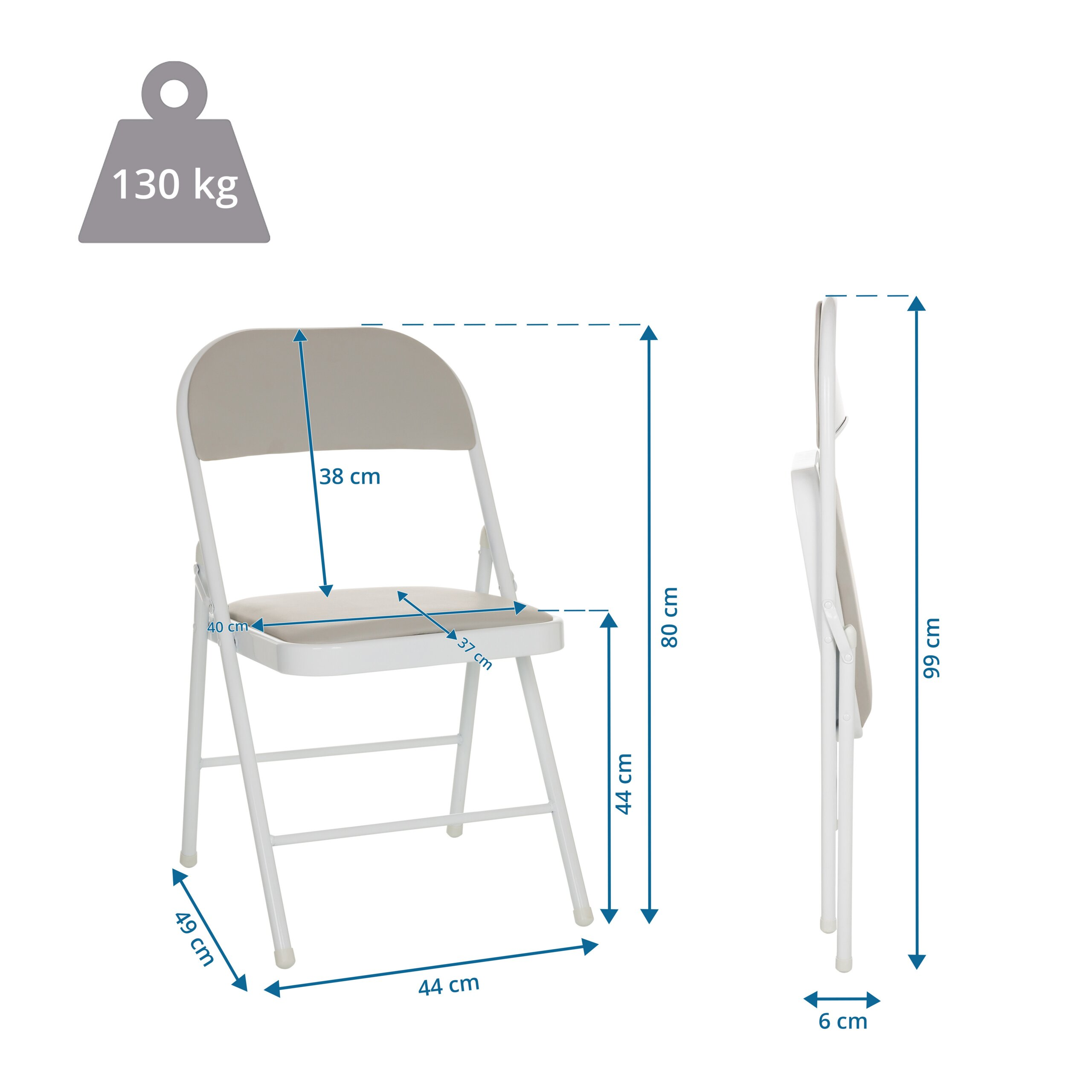 Diagramm mit den Maßen eines weiß-grauen Klappstuhls für bis zu 130 kg.