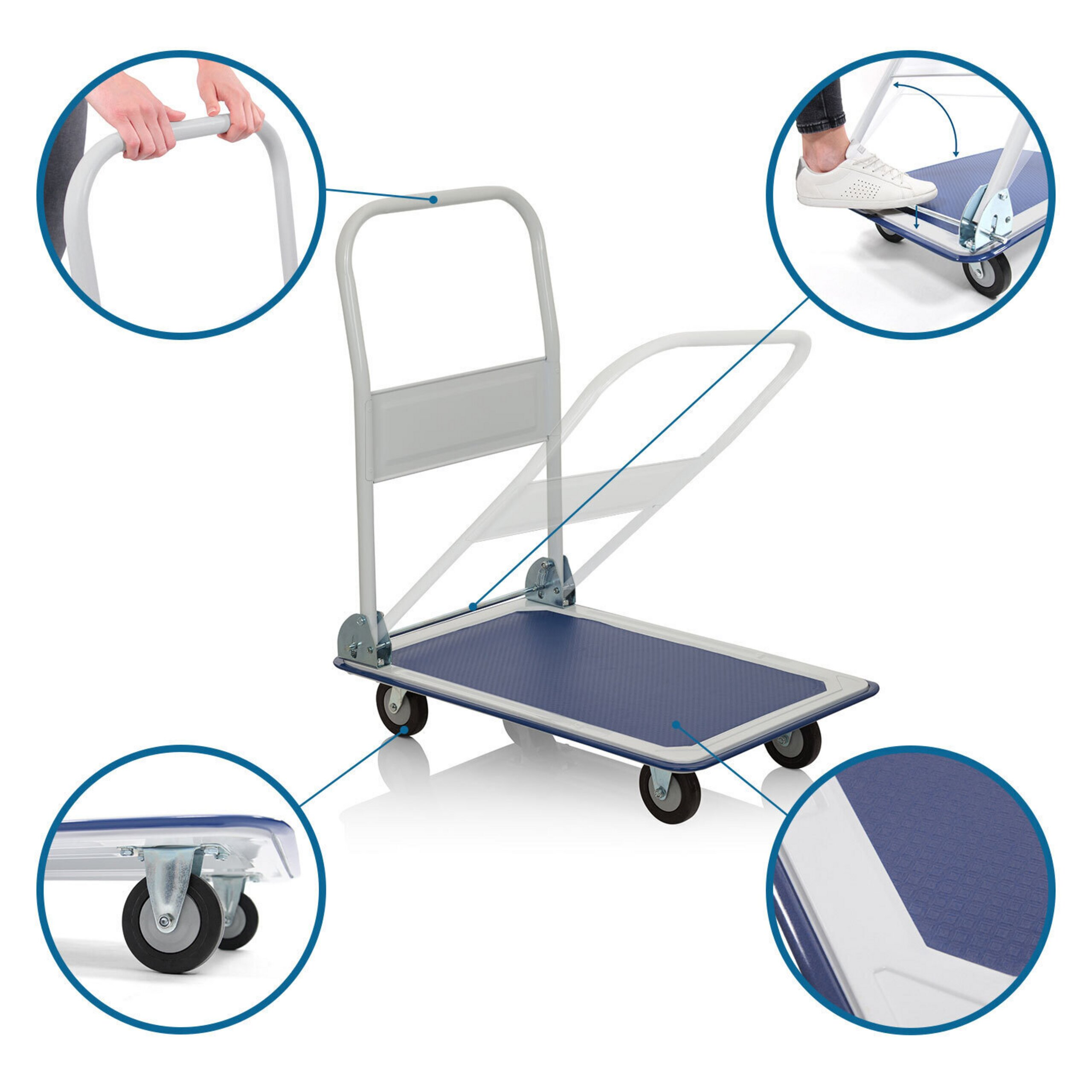 Klappbarer blauer Plattformwagen mit grauen Details und Insets mit Funktionsdetails.