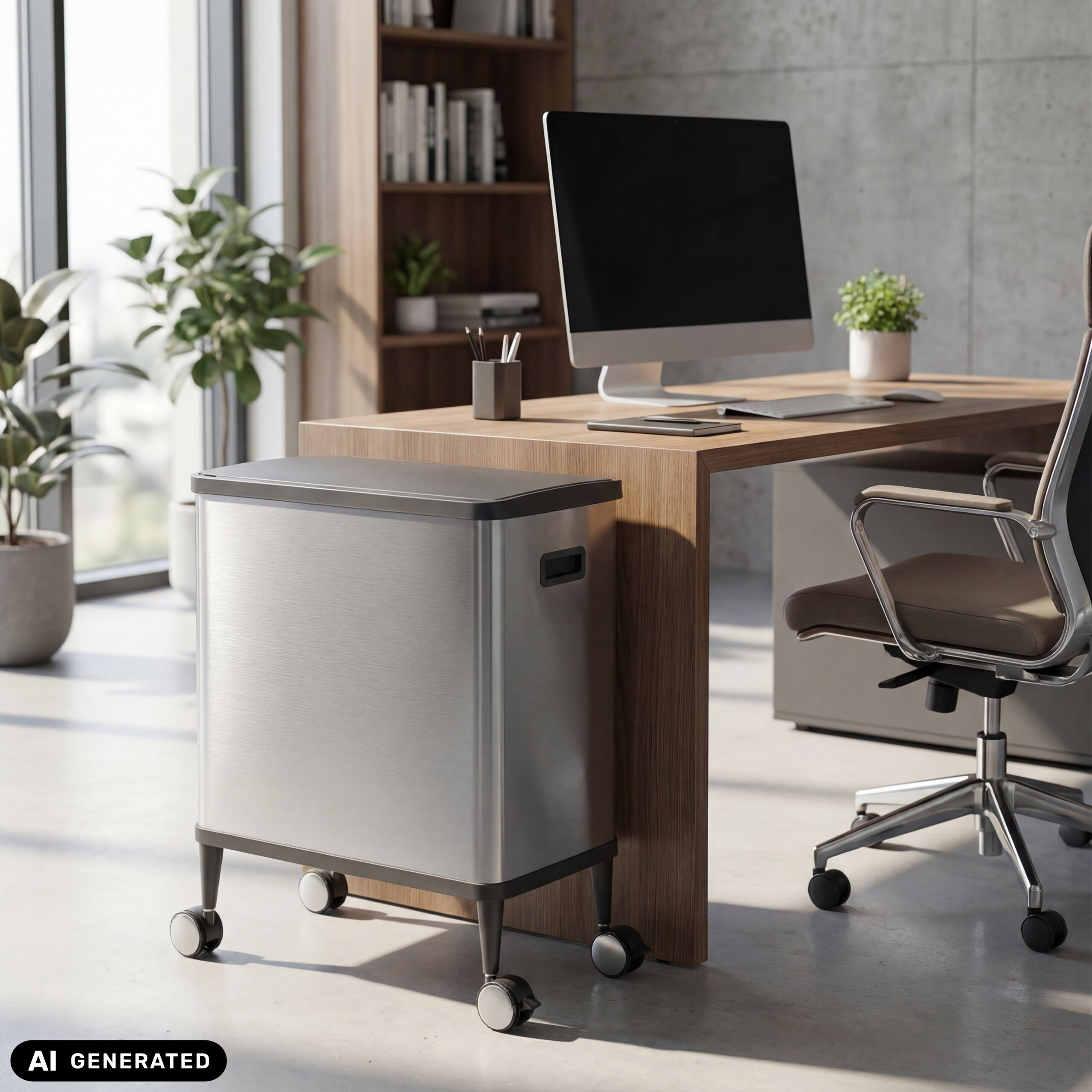 Ein rollender Recyclingbehälter aus Metall steht in einem modernen Büro mit Holztisch und Pflanzen.
