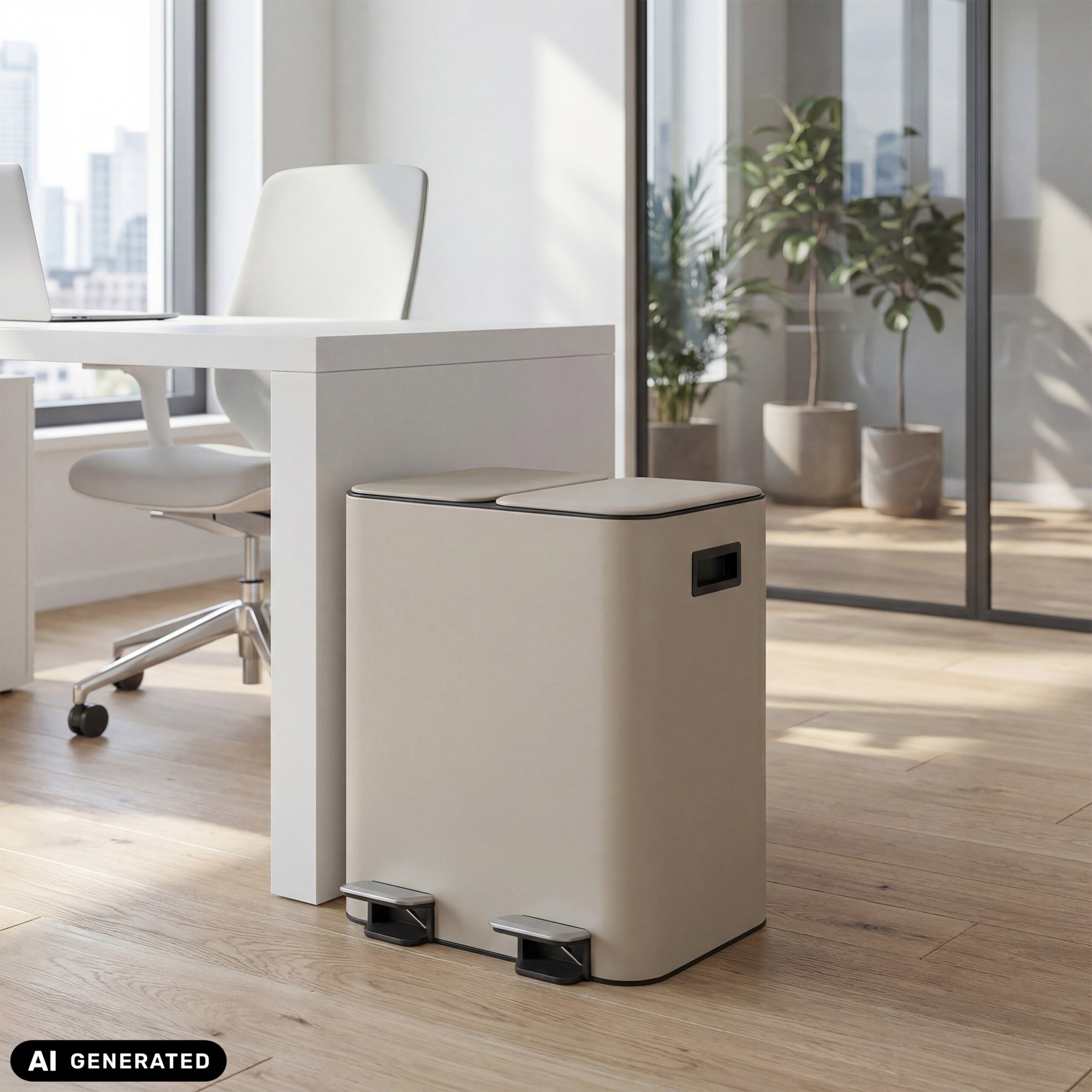 Beige Doppelkammer-Treteimer in einem hellen Büro neben einem weißen Schreibtisch.
