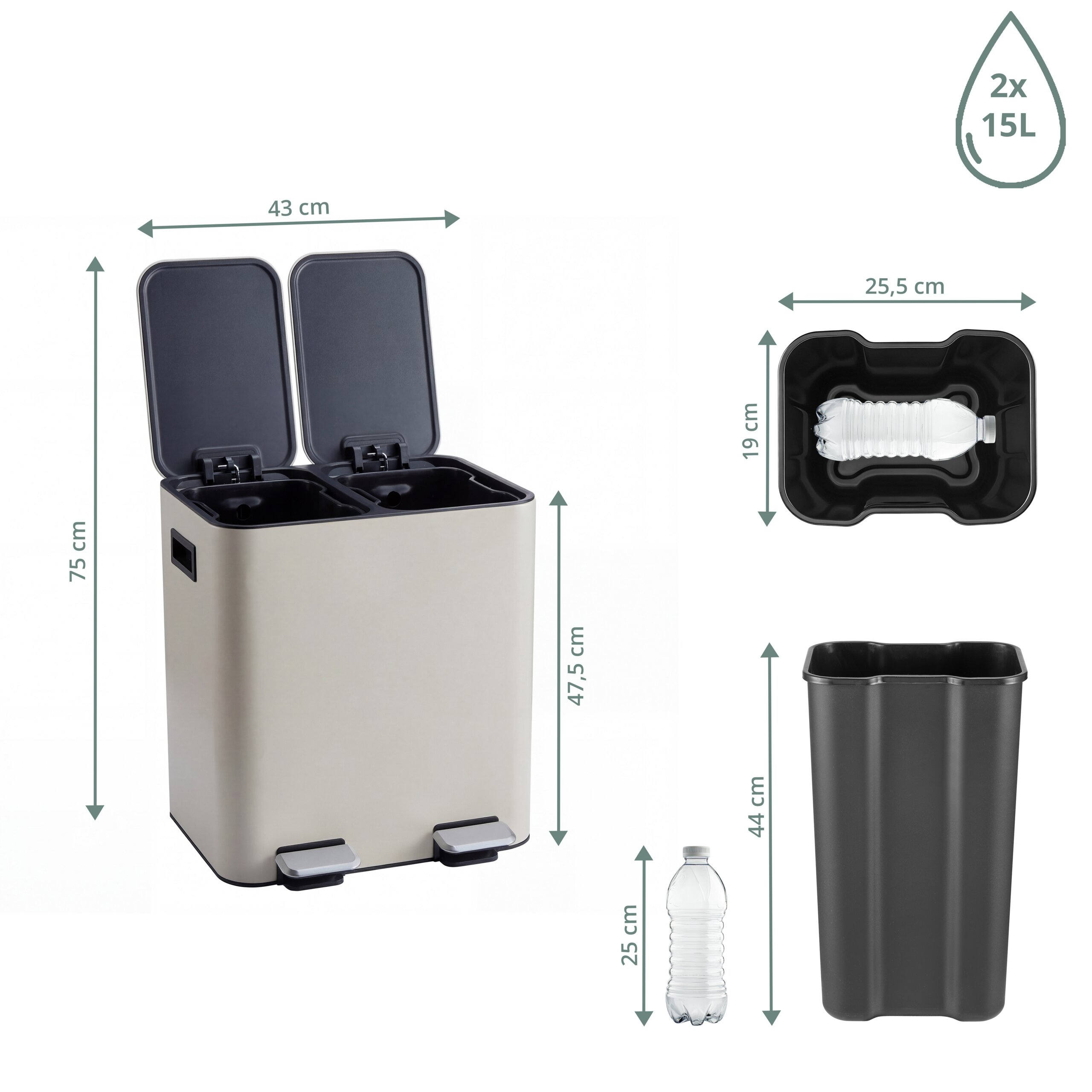 Beige Mülleimer mit zwei Fächern, Maßen und herausnehmbaren Inneneimer mit Flasche.