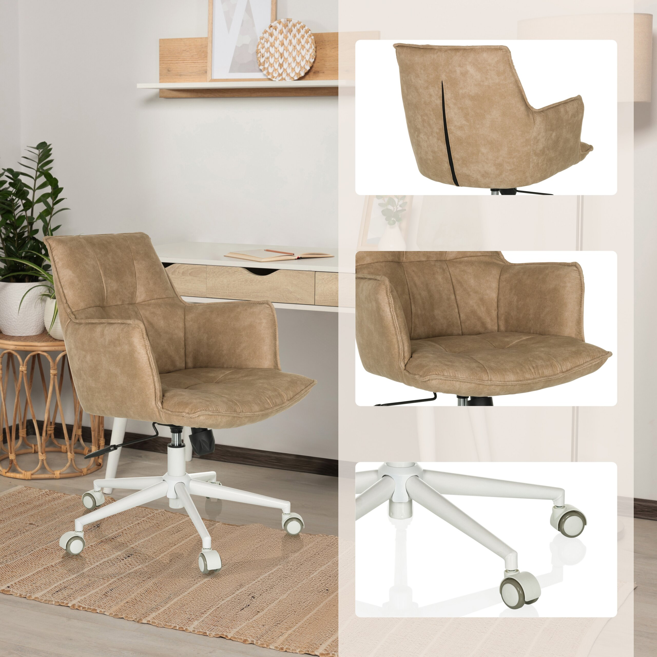 Ein beige Bürostuhl mit weißem Rollfuß, in einem Zimmer und in Nahaufnahmen gezeigt.